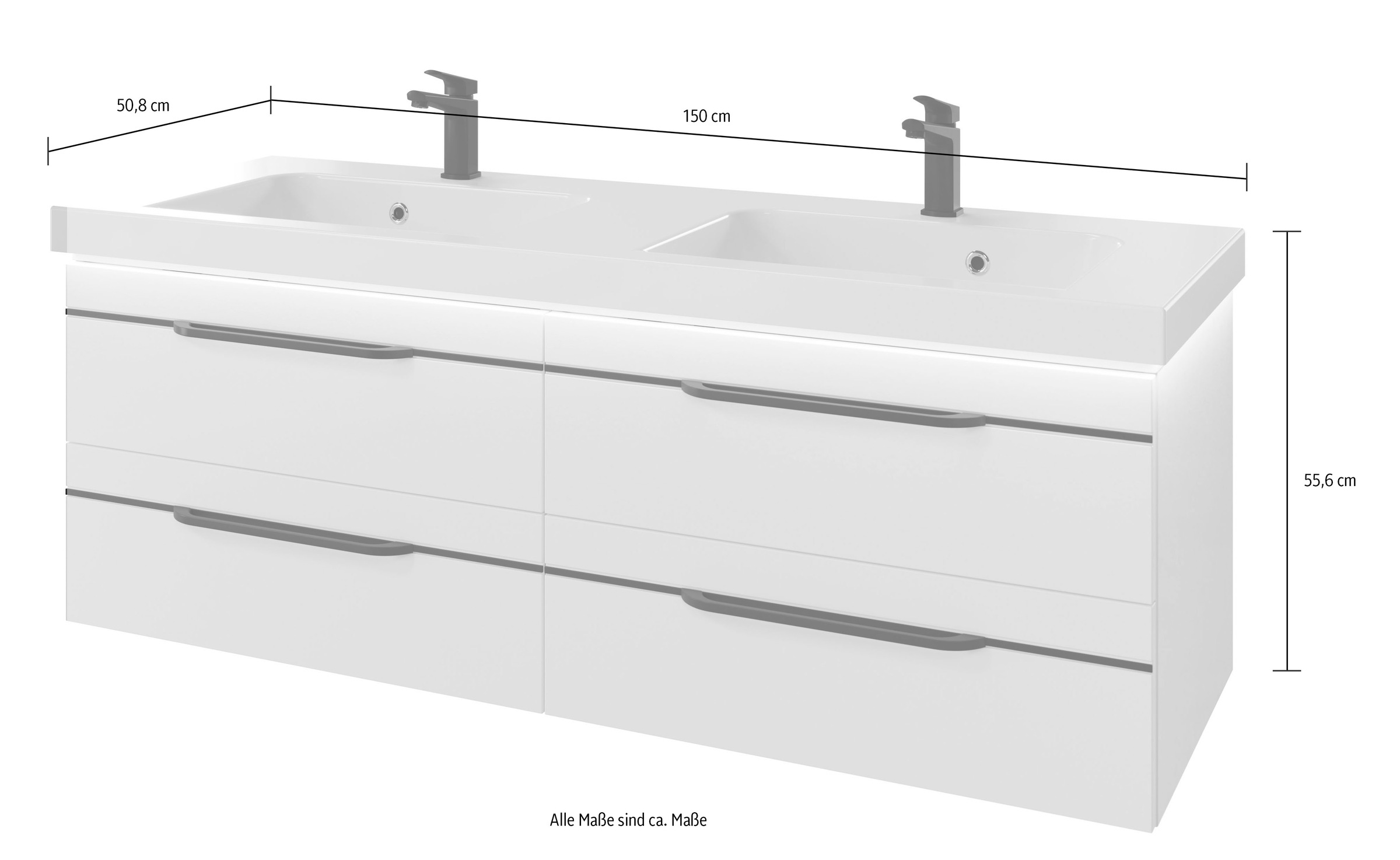 Saphir Badmöbel-Set »Balto 2-teilig Mineralmarmor-Doppelwaschtisch mit LED-Spiegel«, (2 St.), Waschplatz 150 cm breit, 4 Schubladen, inkl. Schubladendämpfer