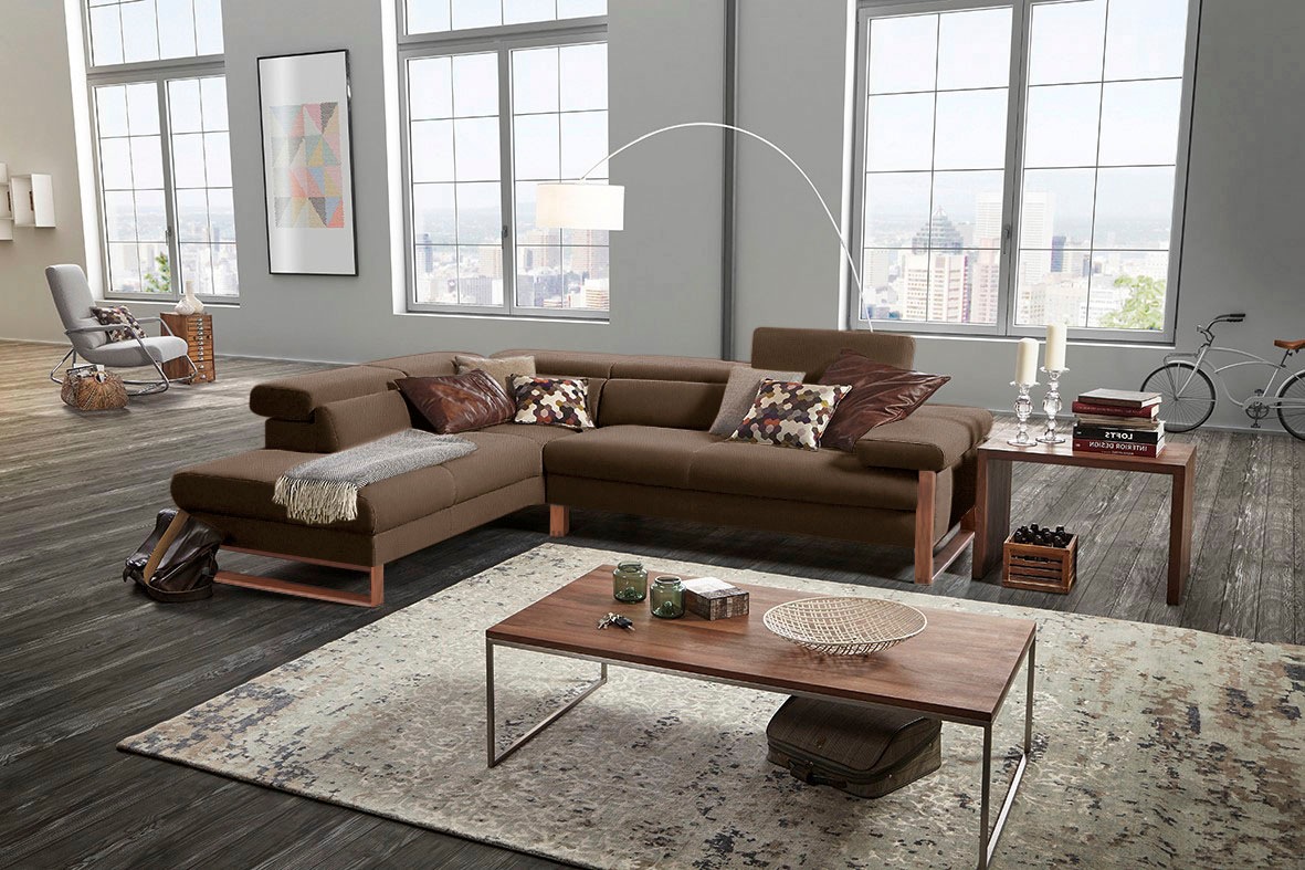 W.SCHILLIG Ecksofa »finn, Designsofa mit tollem Sitzkomfort, bequem, L-Form«, German Design Award 2016, Fußgestell Nussbaum natur, Breite 281 cm