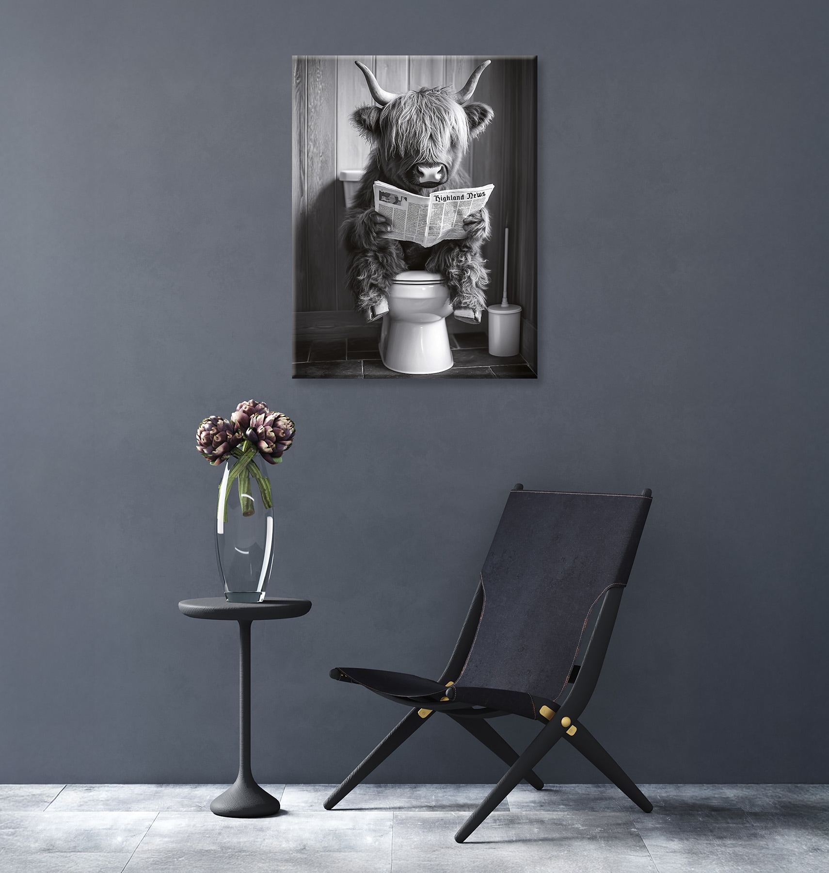 Bönninghoff Leinwandbild »Wandbild HOCHLANDRIND AUF WC 46x61 cm – Leinwandbild Keilrahmen Deko« Hochlandrind | Humor | Kuh | Kuhbilder | Kühe | Schwarz-Weiß | Tiere 1 Stk. tlg. auf Keilrahmen gespannt