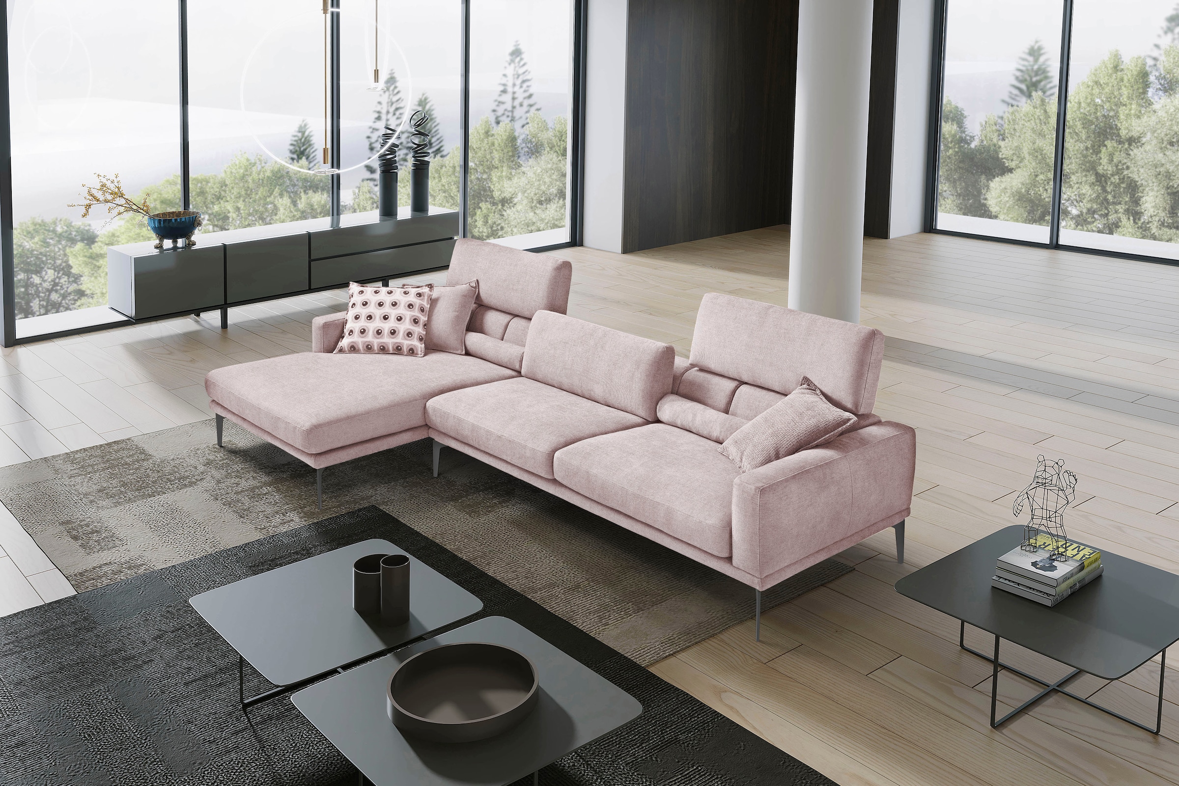 Egoitaliano Ecksofa »Masu, Design trifft sensationellen Sitzkomfort«, inkl. 2 Kissenrollen, Rückenelemente manuell verstellbar, Metallfüße