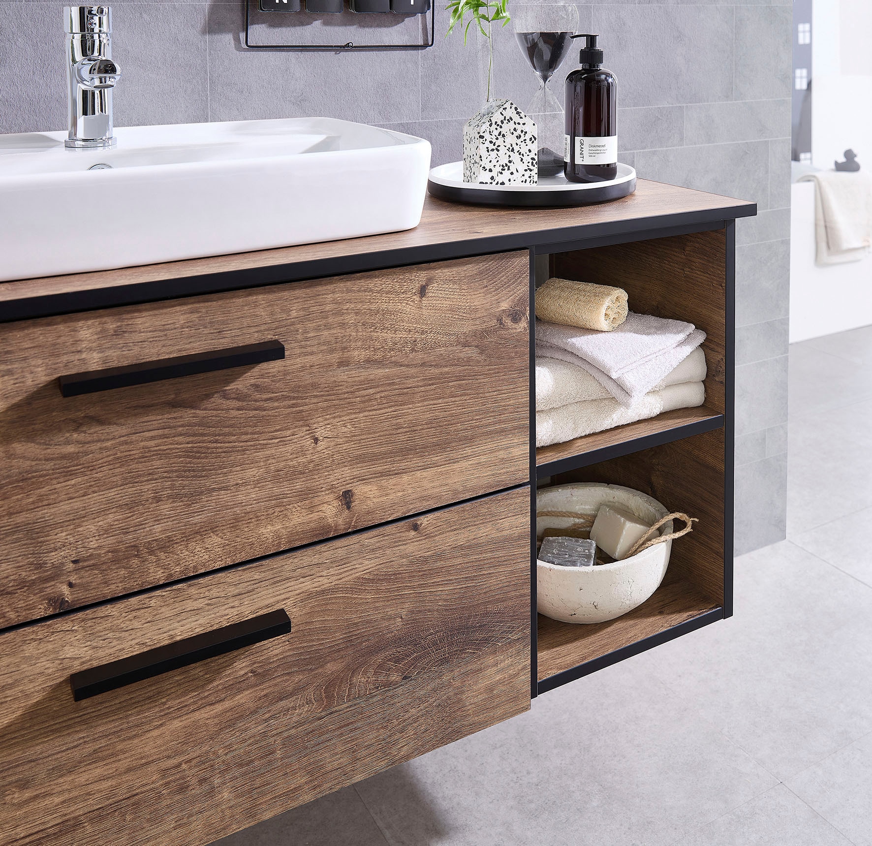 Saphir Badmöbel-Set »Quickset 374 Keramik-Aufsatzwaschtisch mit Unterschrank, 103 cm breit«, (4 St.), Waschplatz mit 2 Schubladen, 2 Fächer, Eiche Ribbeck quer Nachbildung