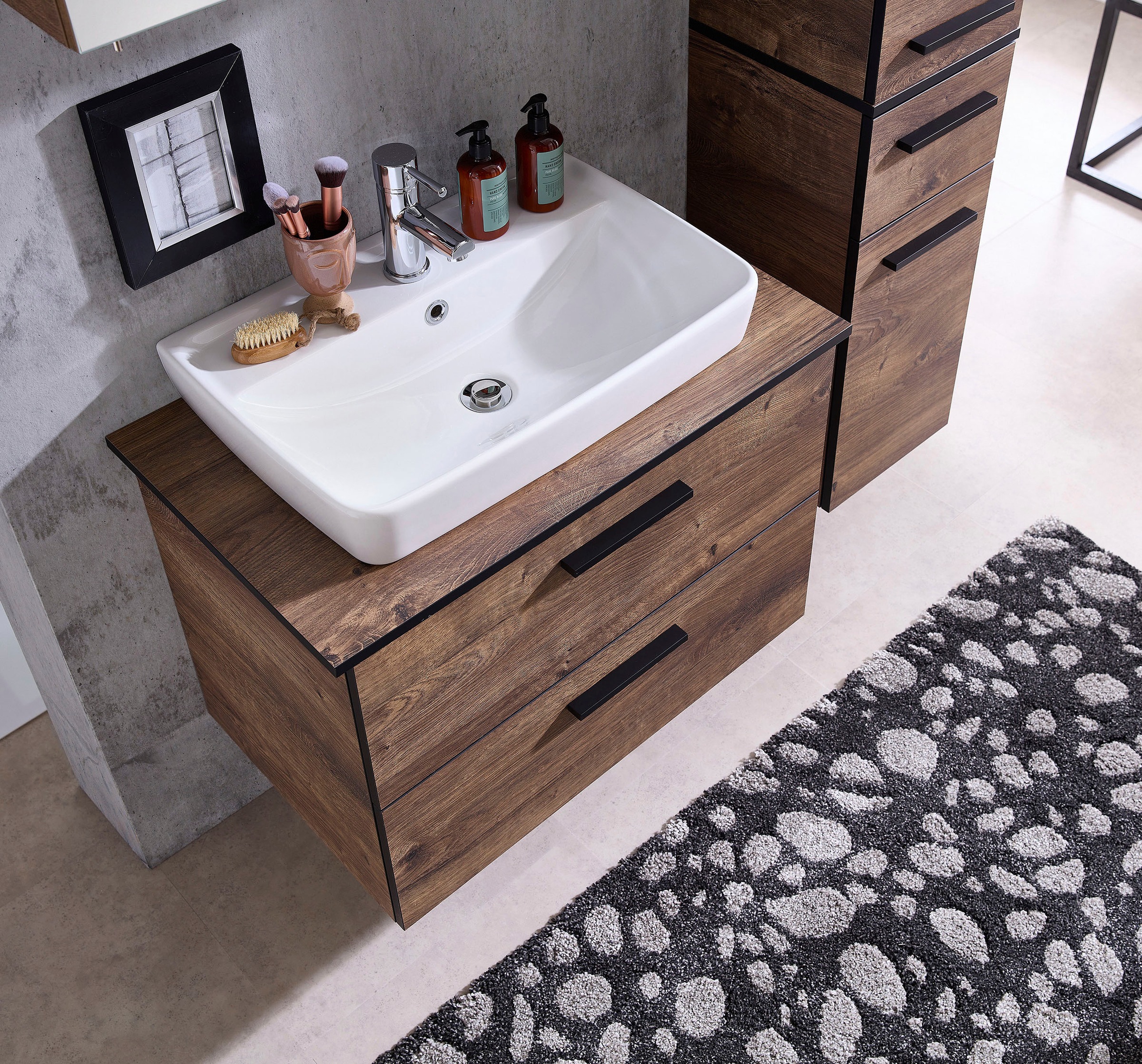 Saphir Badmöbel-Set »Quickset 374 Keramik-Aufsatzwaschtisch mit Unterschrank, 73 cm breit«, (3 St.), Waschplatz mit 2 Schubladen, Eiche Ribbeck quer Nachbildung