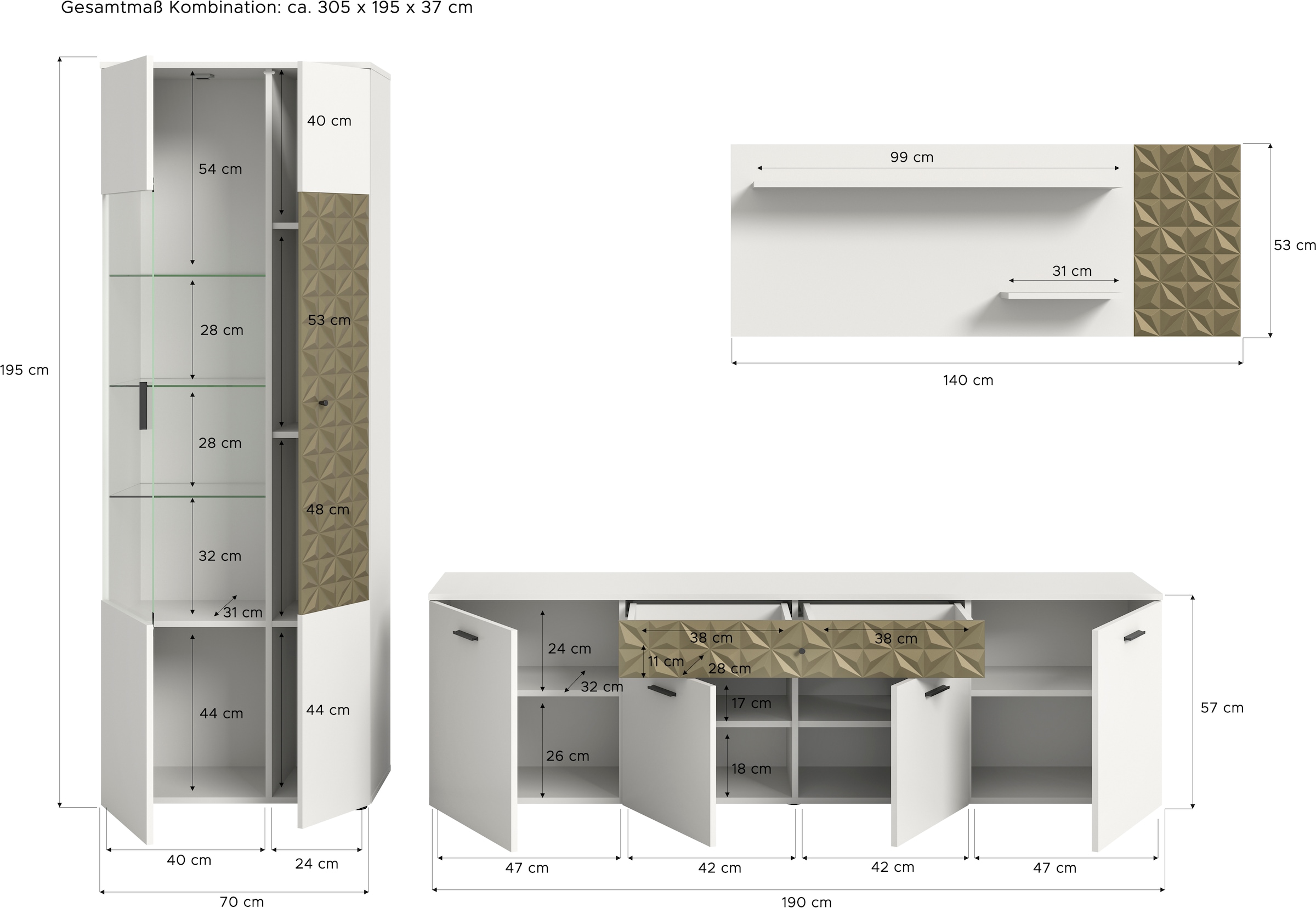 INOSIGN Wohnwand »Vicenza, 3-teilig, bestehend aus: Vitrine, Lowboard, Wandboard«, (3 St.), mit Ornamentabsetzung, Kombination, Anbauwand, TV-Wand, Schrankwand