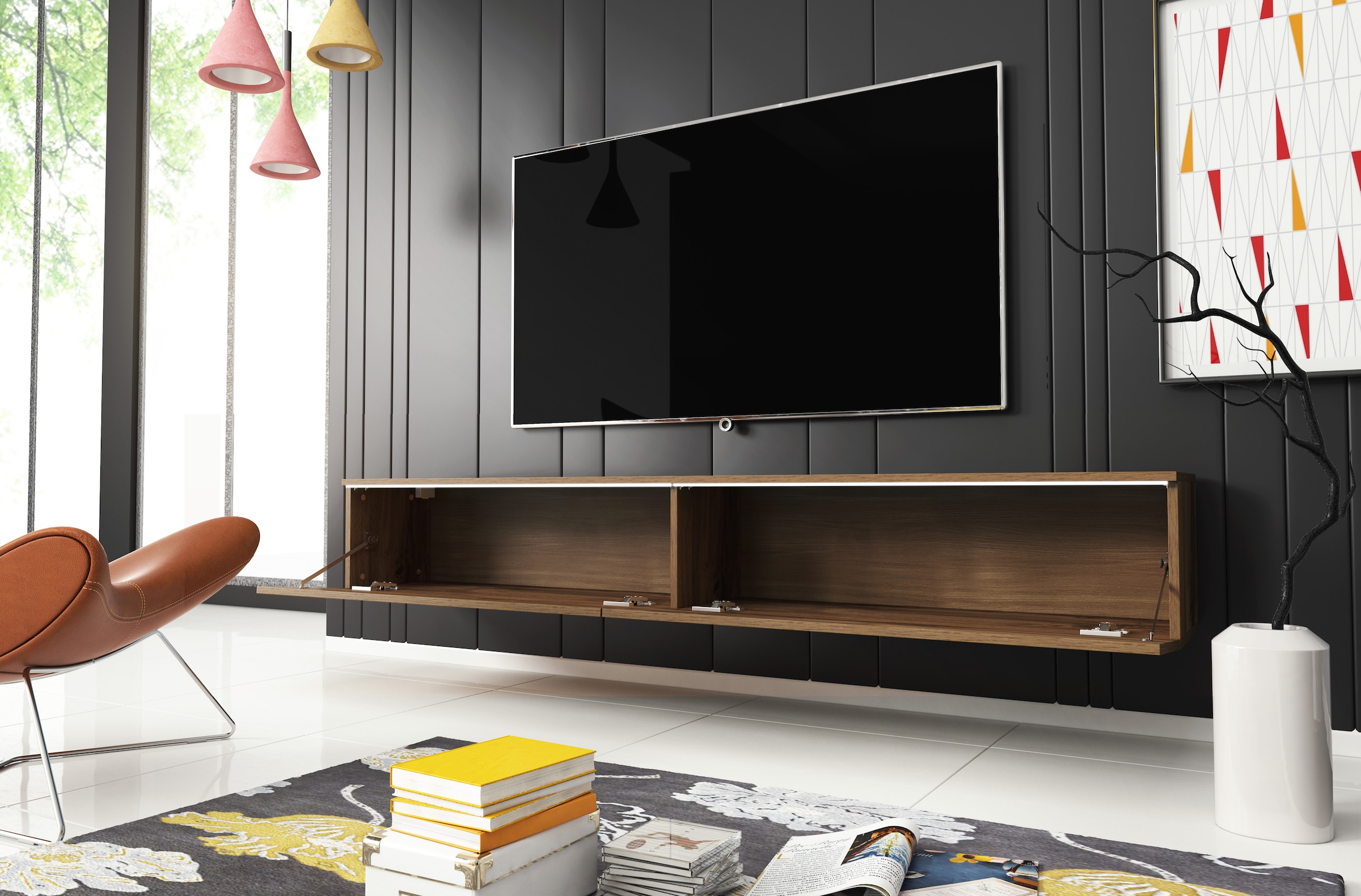 INOSIGN Lowboard »LOWBOARD VERA, wahlweise mit oder ohne Beleuchtung«, Modernes griffloses TV-Board, 180 cm TV-Schrank, stehend und hängend
