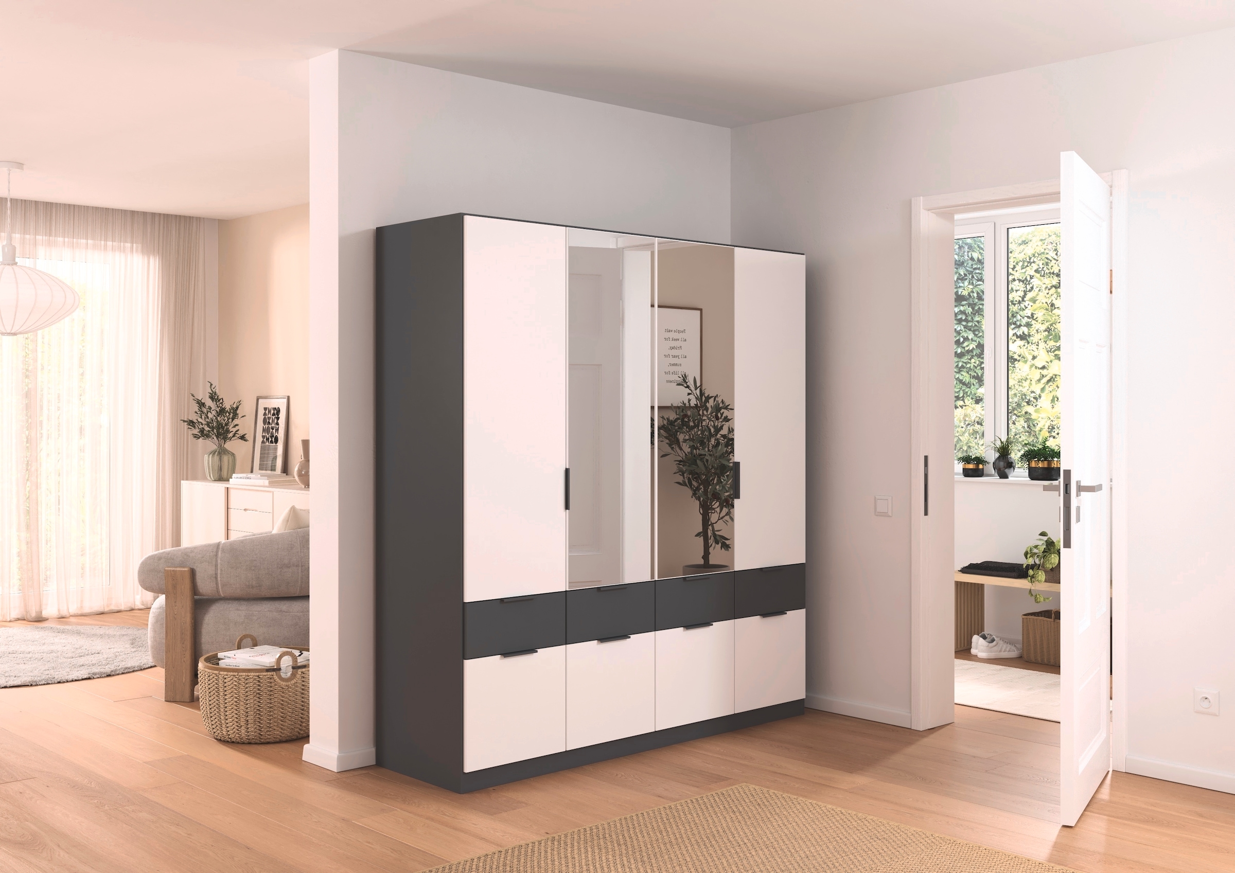 rauch Kleiderschrank »Kleiderschrank Schrank Garderobe Wäscheschrank DUNDEE«, (mit 3 Griff-Varianten), Schubladen in zwei Höhen, optional mit Spiegel MADE IN GERMANY