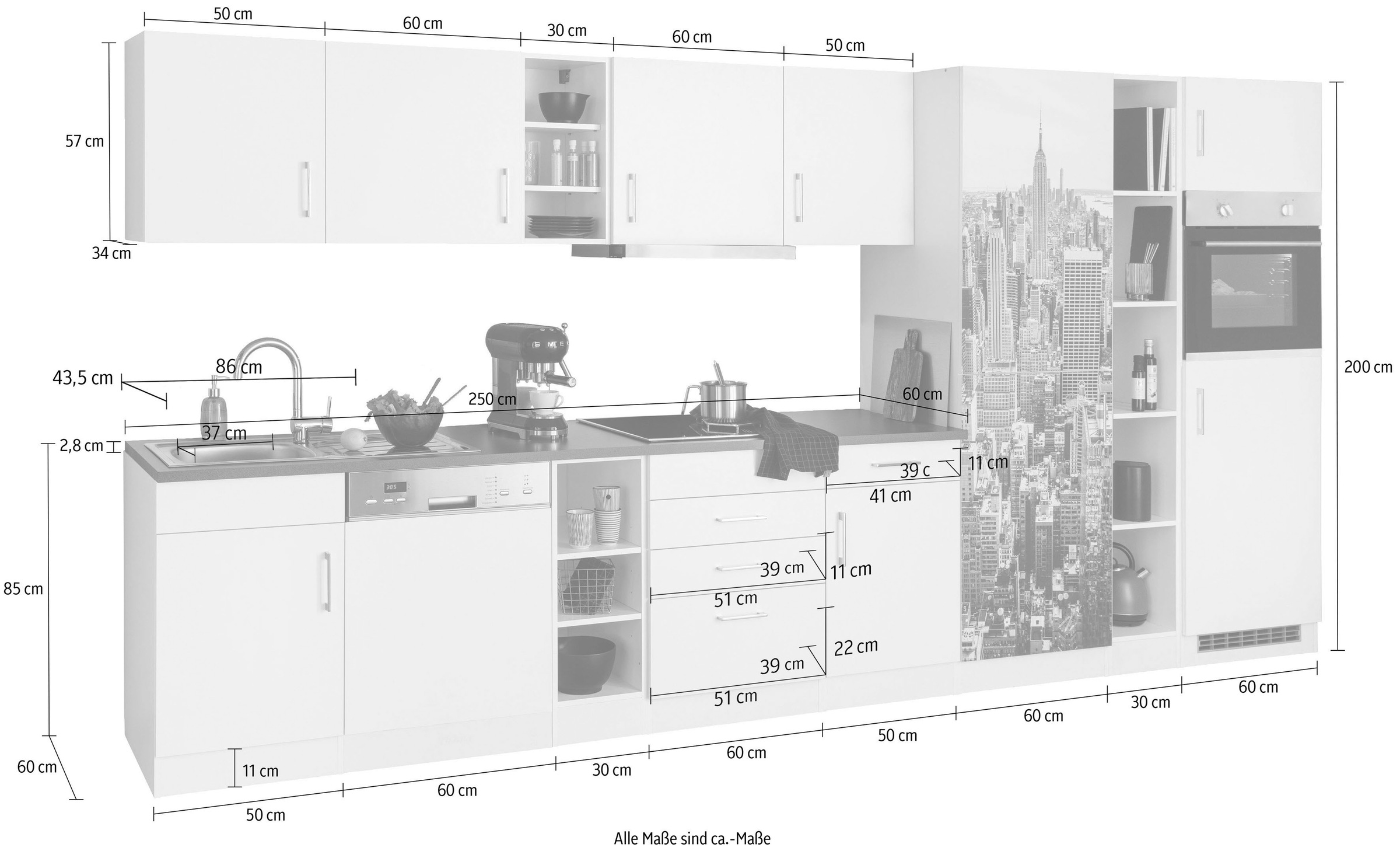 HELD MÖBEL Küchenzeile »Paris«, mit E-Geräten, Breite 400 cm