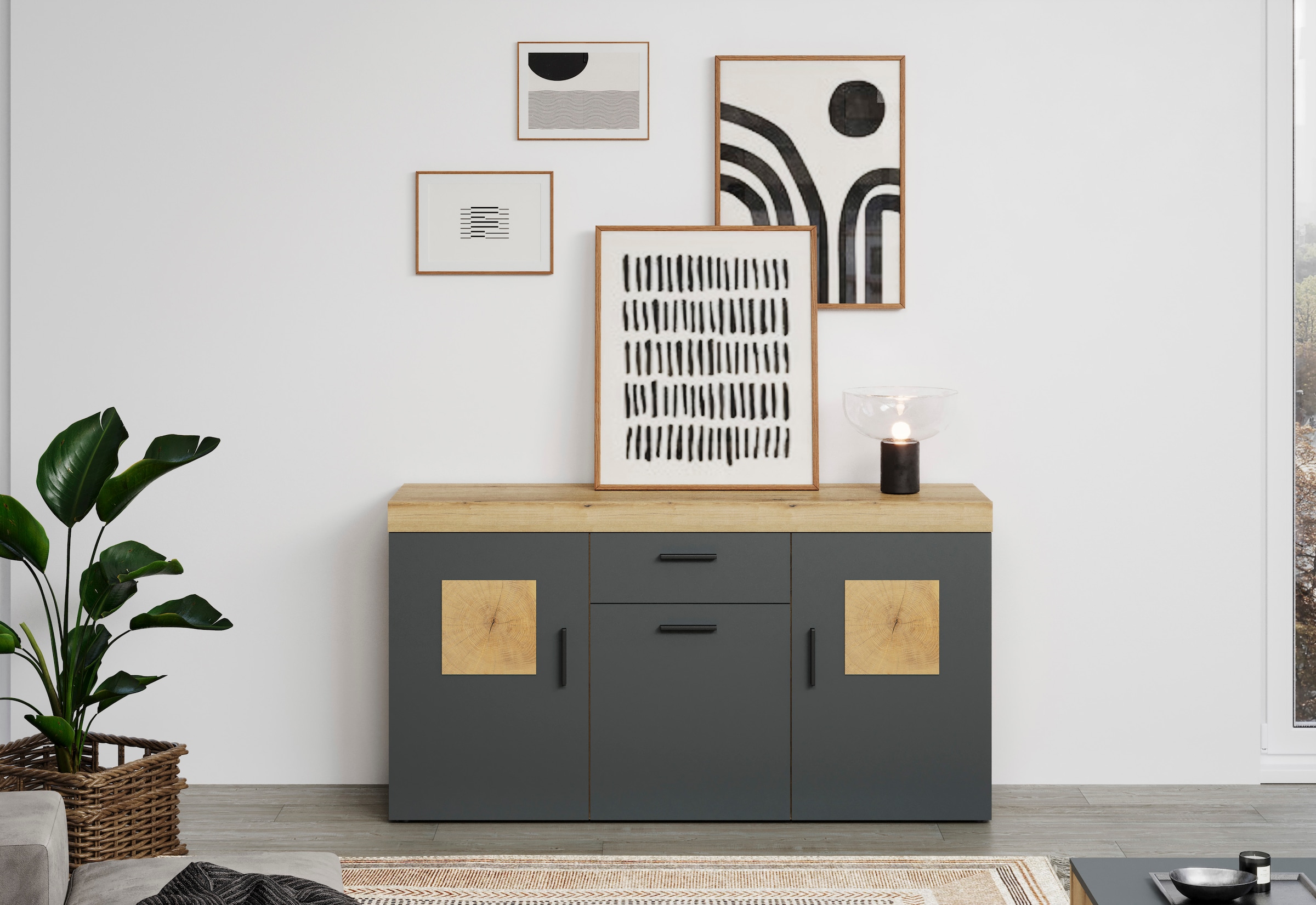 Home affaire Sideboard »Ghent«, (Packung, 1 St.), Kommode mit Hirnholzapplikationen - (B/T/H): 160/42/86 cm