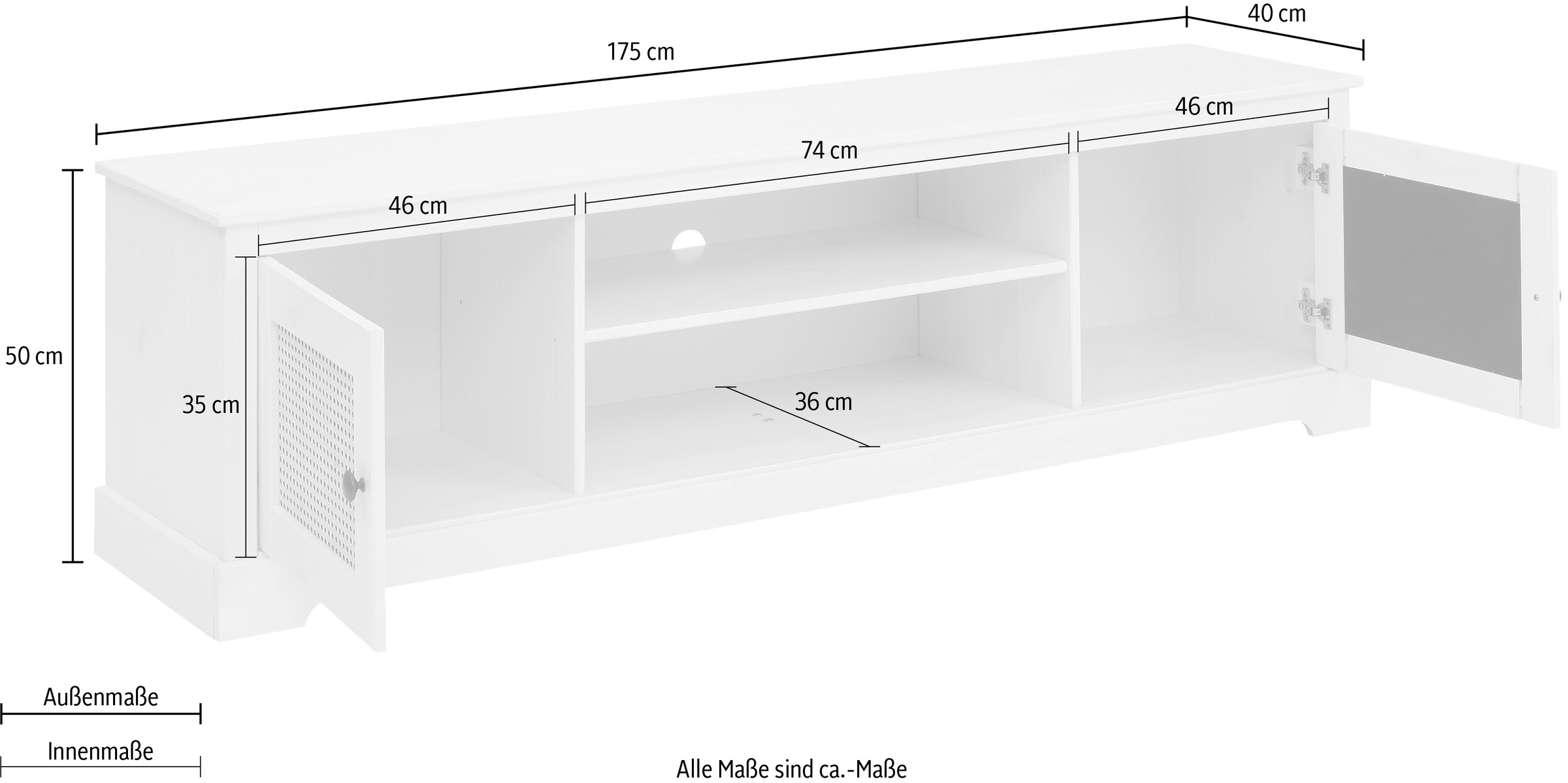Home affaire Lowboard »Linda«, Kommode mit Weidetürenfronten, schönen Metallgriffen, Breite 175 cm