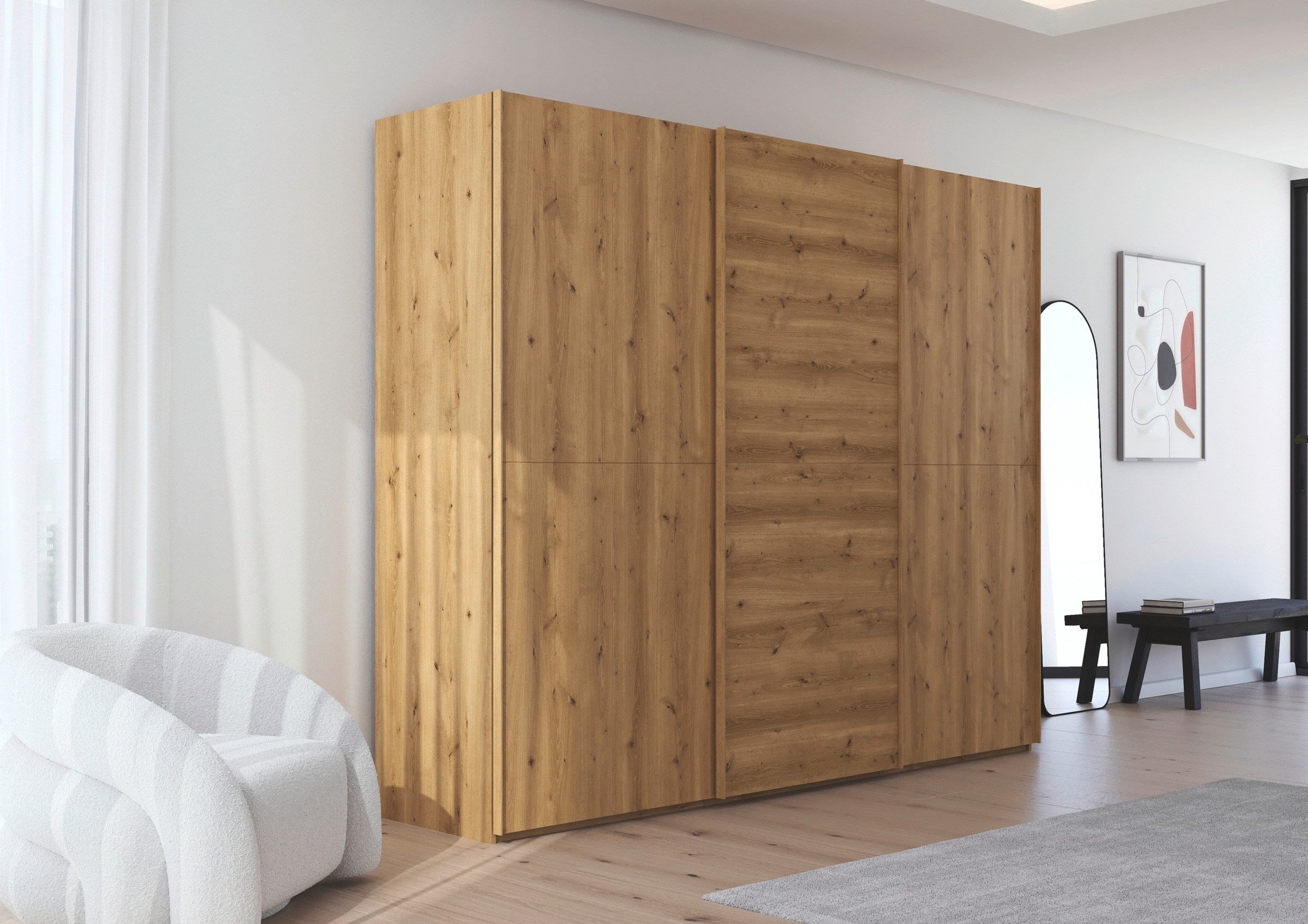 rauch Schwebetürenschrank »Kleiderschrank Schrank Garderobe Schlafzimmerschrank SCALE-WOOD«, senkrecht geteilte Türen in robuster massiver Asteiche MADE IN GERMANY