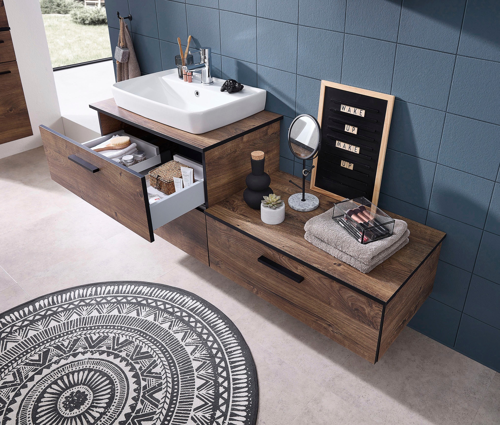 Saphir Badmöbel-Set »Quickset 374 Keramik-Aufsatzwaschtisch mit Unterschrank, 73 cm breit«, (3 St.), Waschplatz mit 2 Schubladen, Eiche Ribbeck quer Nachbildung