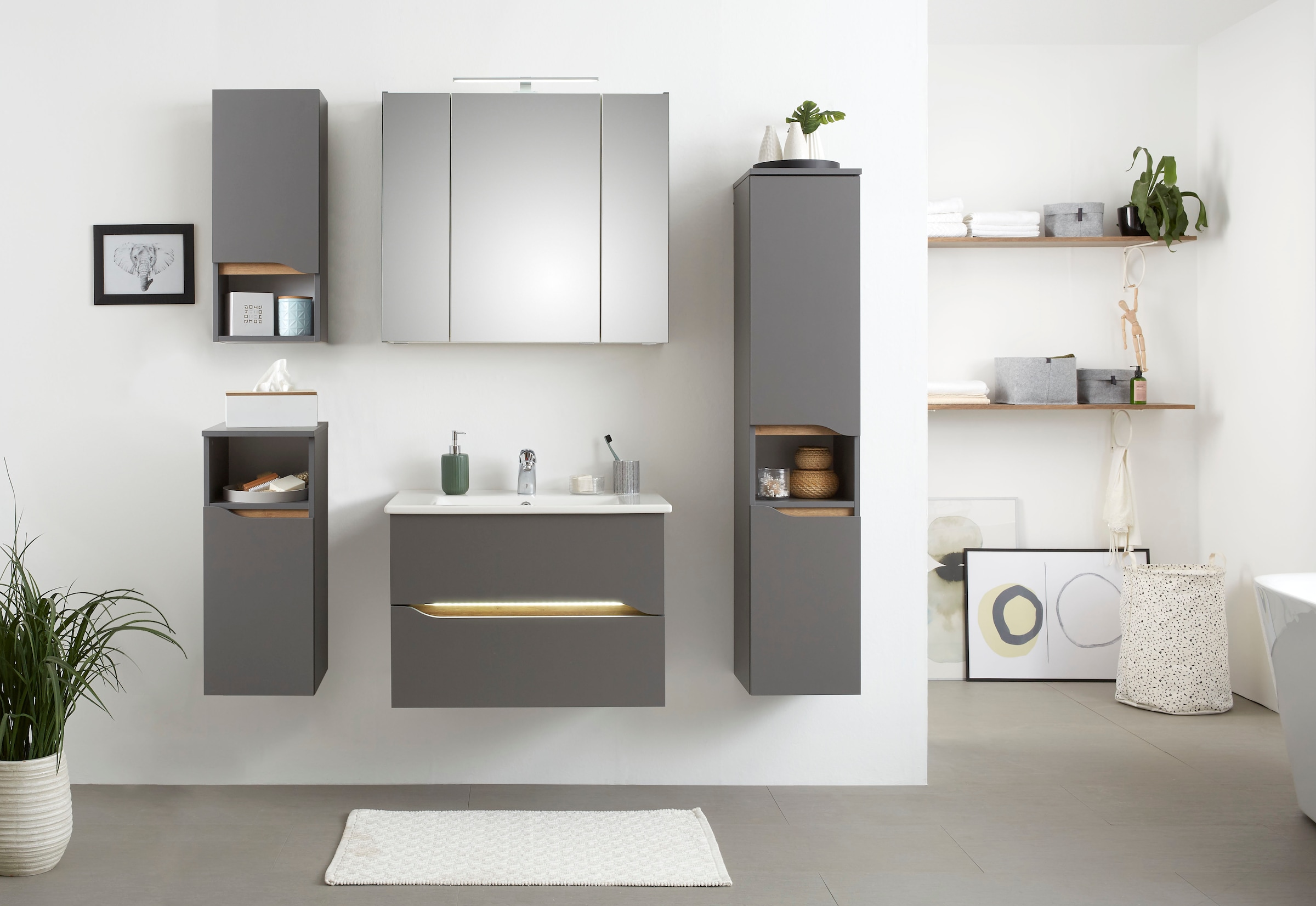 Saphir Badmöbel-Set »Quickset 5-teilig, Keramik-Waschtisch und LED-Spiegelschrank«, (7 St.), Midischrank, Unterschrank, Hängeschrank, inkl. Türdämpfer, 7 Türen