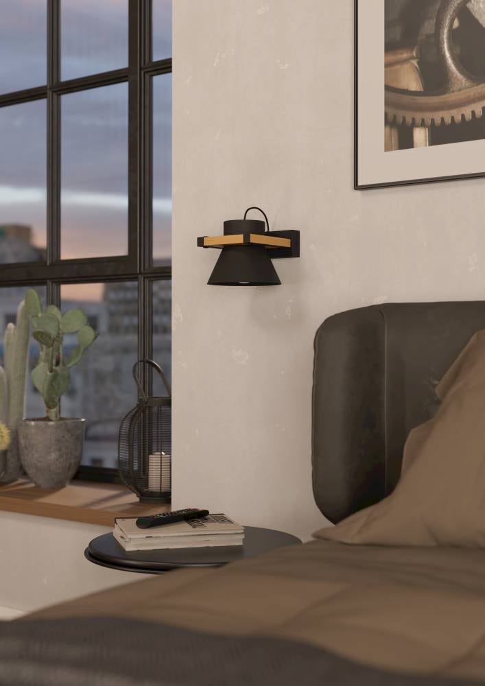 EGLO Wandleuchte »MACCLES«, 1 flammig, Leuchtmittel E27 | ohne Leuchtmittel, Wandleuchte, Flurlampe, schwarz, Metall und Holz, Lampe Wand und Decke
