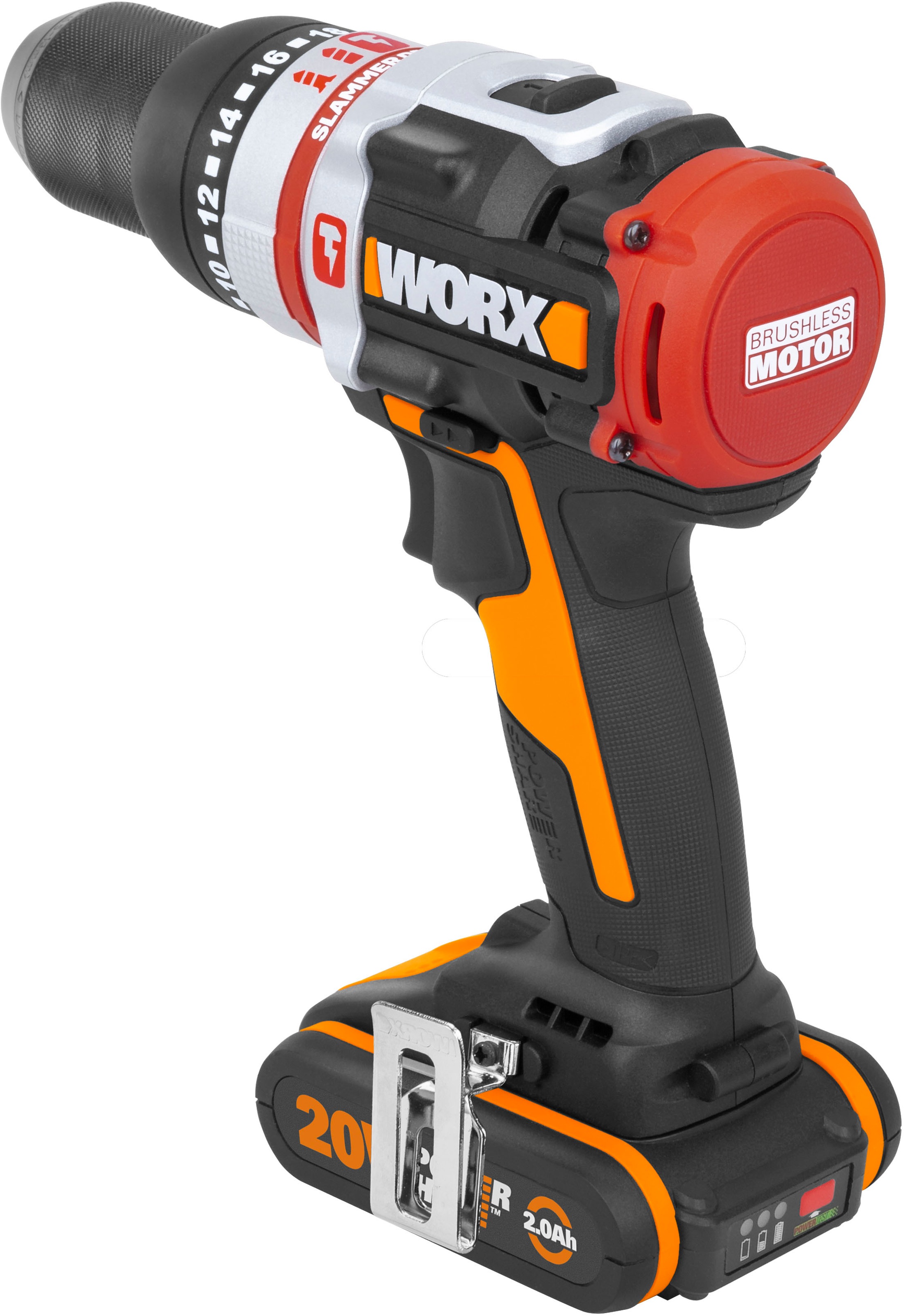 Worx Akku-Schlagbohrmaschine »WX354«, (Set), bürstenloser Motor, 18+1+1 Drehmoment, 60Nm, inkl. 2 Akkus & Ladegerät