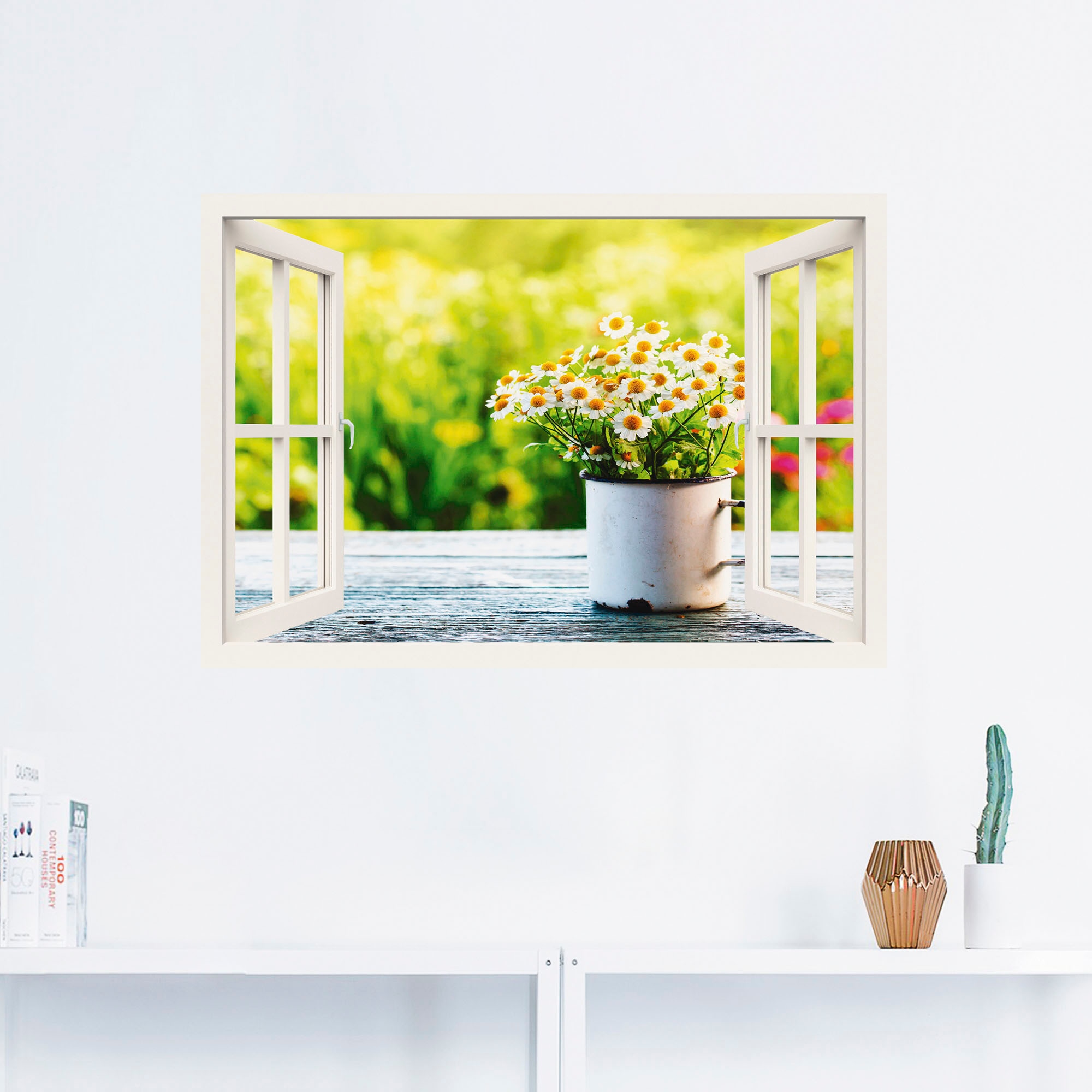 Artland Wandbild »Fensterblick Garten mit Gänseblümchen«, Blumen, (1 St