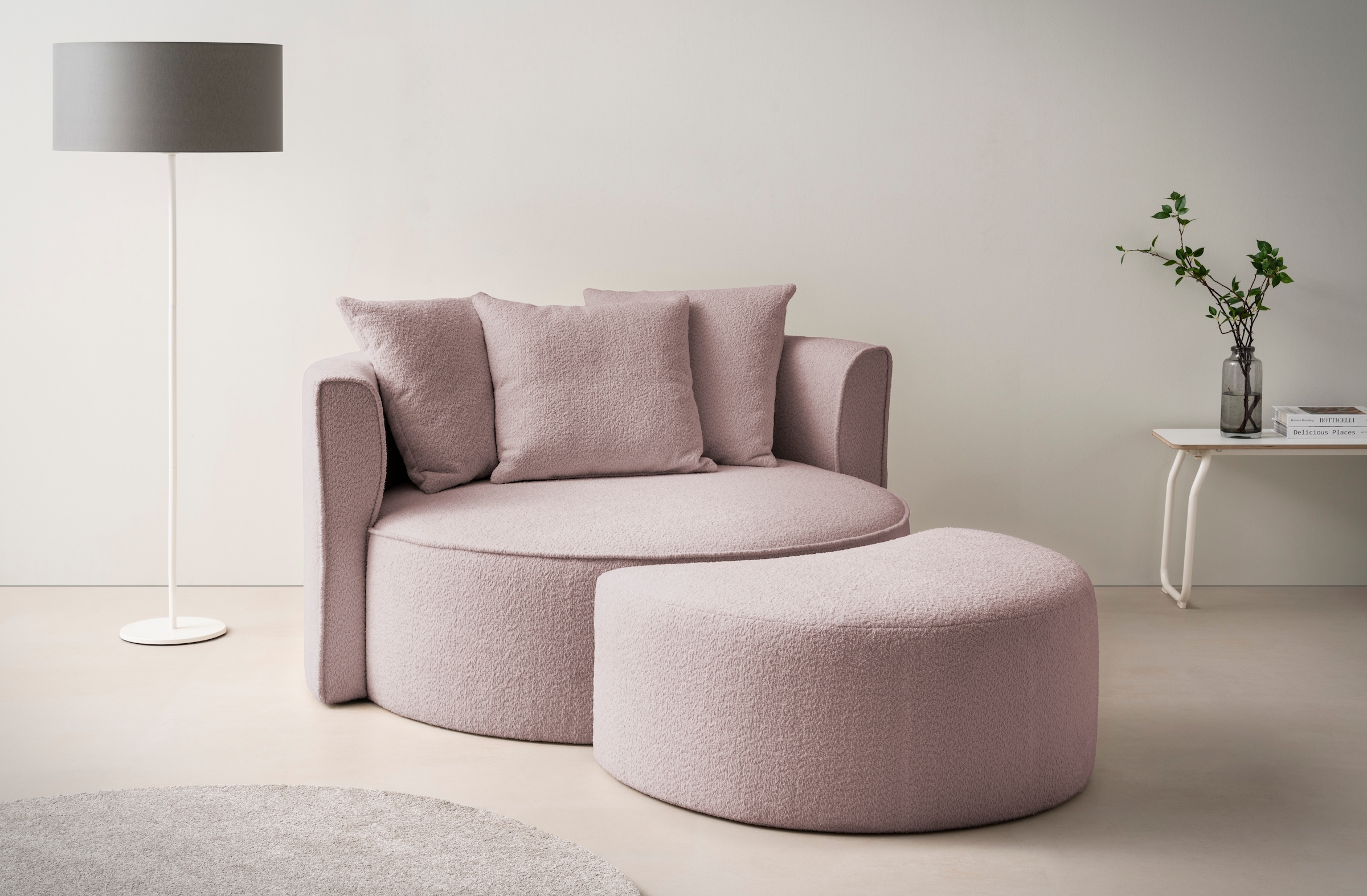 LeGer Home by Lena Gercke XXL-Sessel »Isalie, Rundsessel mit Hocker, Lesesessel, Loveseat, Big-Sessel«, (Set), trendige Stoffe, mit 3 Zierkissen, große Sitzfläche