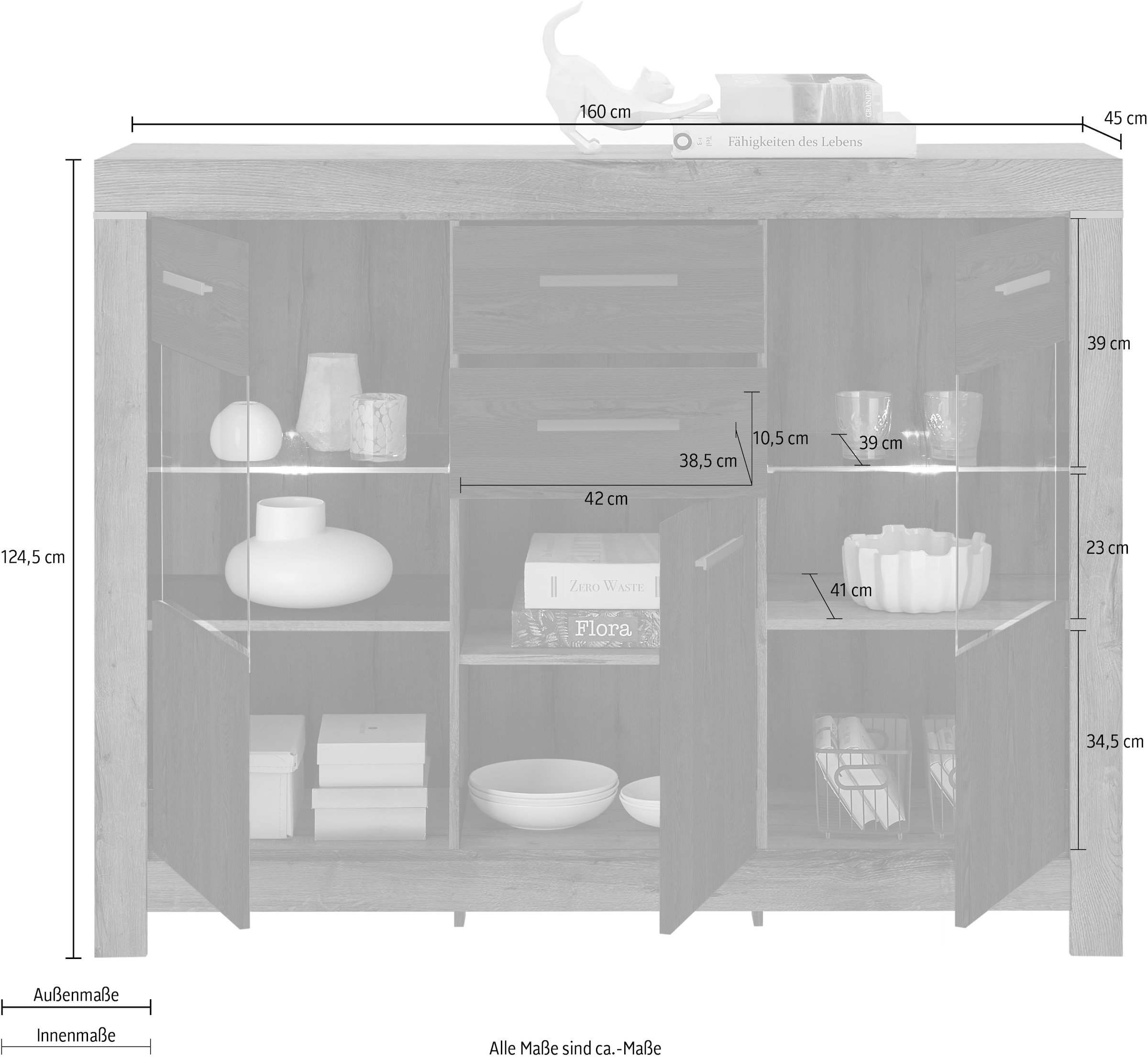 HBZ Highboard »Balin mit LED-Beleuchtung, BxHxT 160x125x45 cm«, (1 St.), Mit 2 Türen und 1 Tür mit Teilverglasung