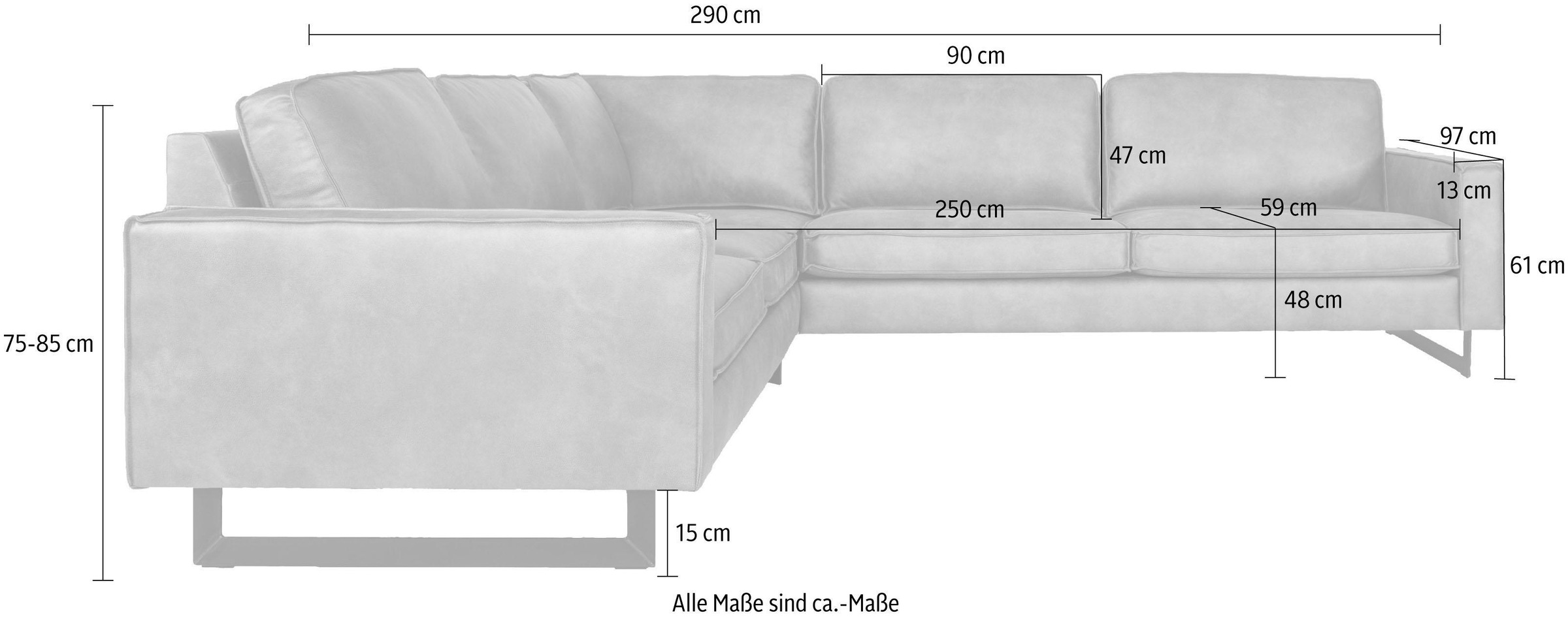 Places of Style Ecksofa »Pinto, XXL, 250/290 cm, langer Schenkel, Ottomane«, Cord, Chenille, Lederoptik, mit Keder, Metallfüße, Wellenunterfederung