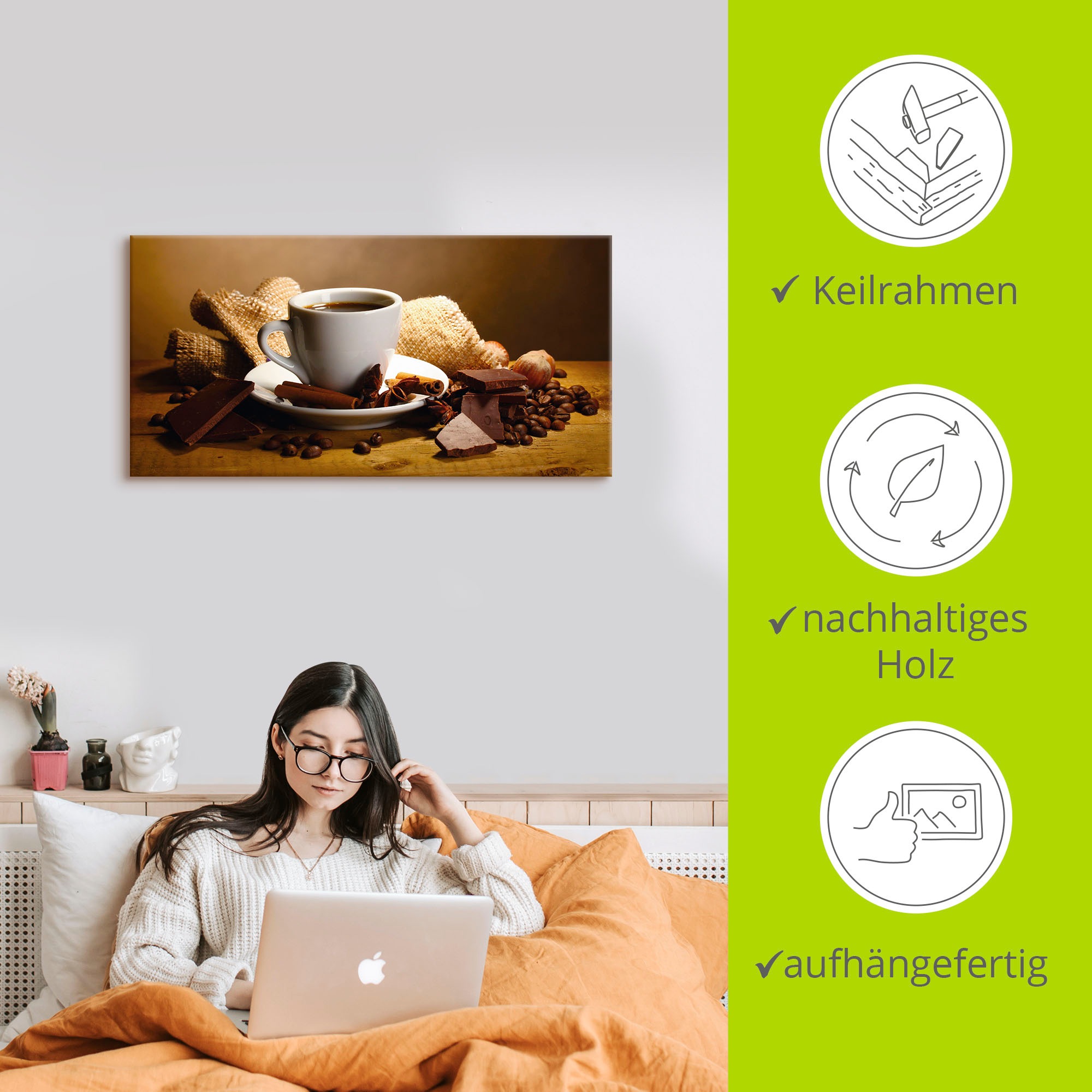 Artland Wandbild »Kaffeetasse Zimtstange Nüsse Schokolade«, Getränke, (1 St.), als Leinwandbild, Poster, Wandaufkleber in verschied. Größen