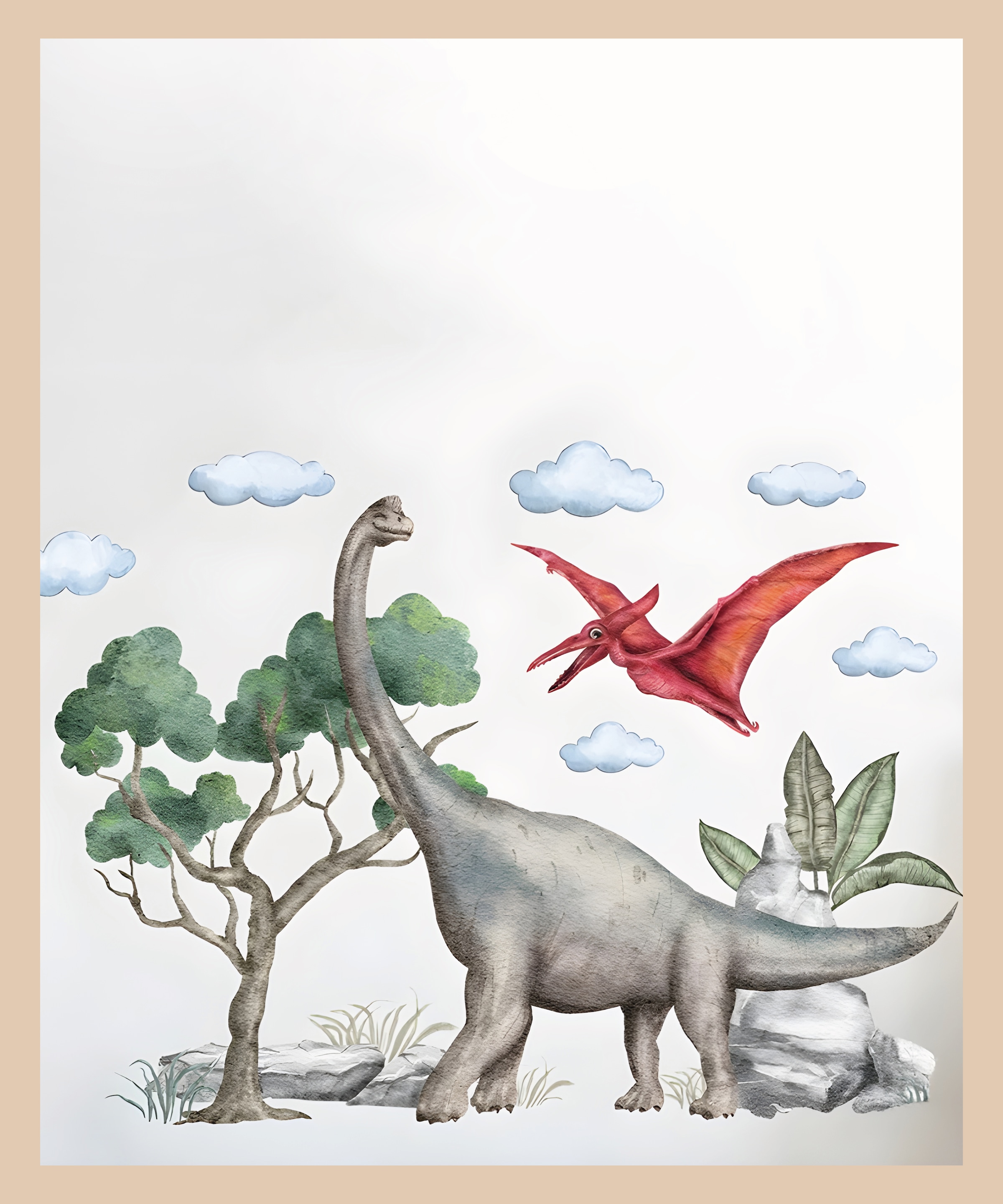 Lüttenhütt Bild mit Rahmen »Dinosaurier«, Baum-Dinosaurier-Fantasy-Tiere, (1 St.), Premium Rahmenbild, Motive in wunderschönen Pastelltönen