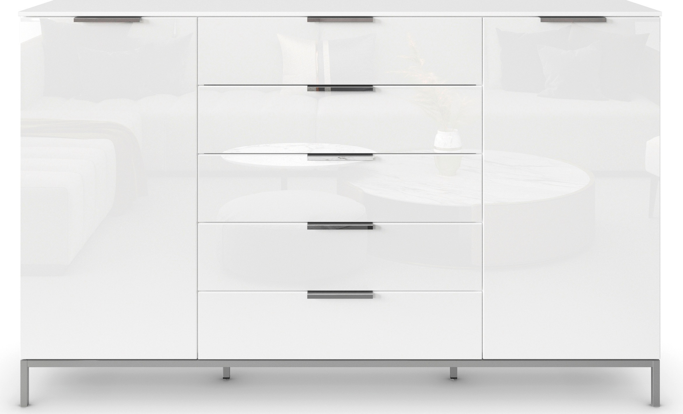 rauch Schubkastenkommode »Kommode Türkommode Sideboard Kombikommode FLIPP mit Glasfront«, (Breite 160/180 cm mit 4 Einlegeböden), 2-trg mit 5 Schubladen und Soft-Close-Funktion, Glasfront, 2 Breiten