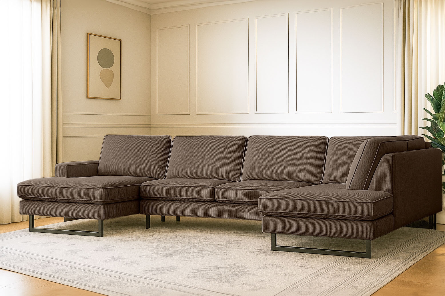 Places of Style Wohnlandschaft »Pinto, 350 cm, U-Form, XXL, mit Ottomanen«, Cord, Chenille, Lederoptik, mit Keder, Metallfüße, Wellenunterfederung
