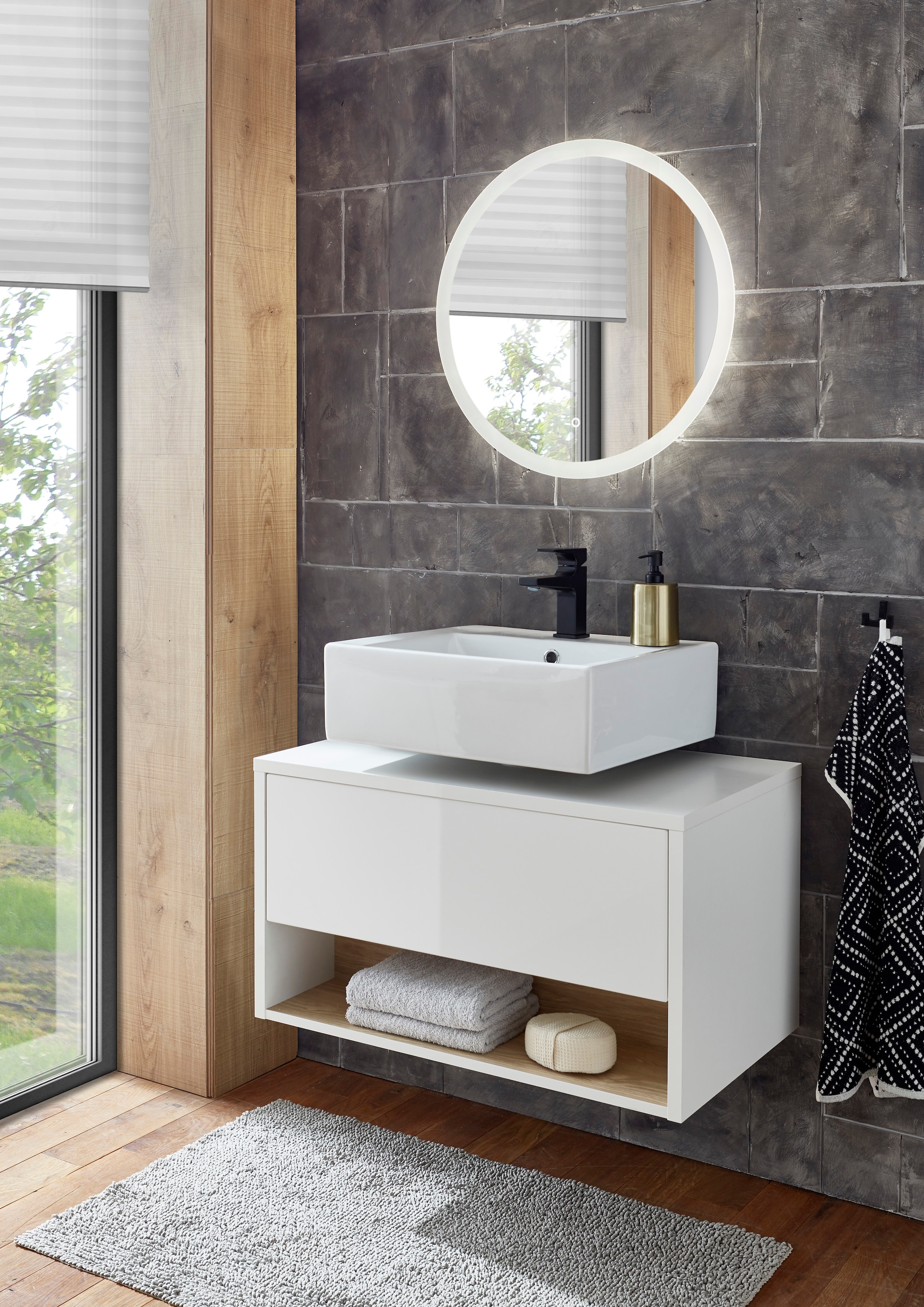 Places of Style Badmöbel-Set »Studio Line, Bad im modernen Design, 2-teiliges Badezimmer«, (2 St.), Unterschrank und Spiegel, in zwei Farben verfügbar, viel Stauraum