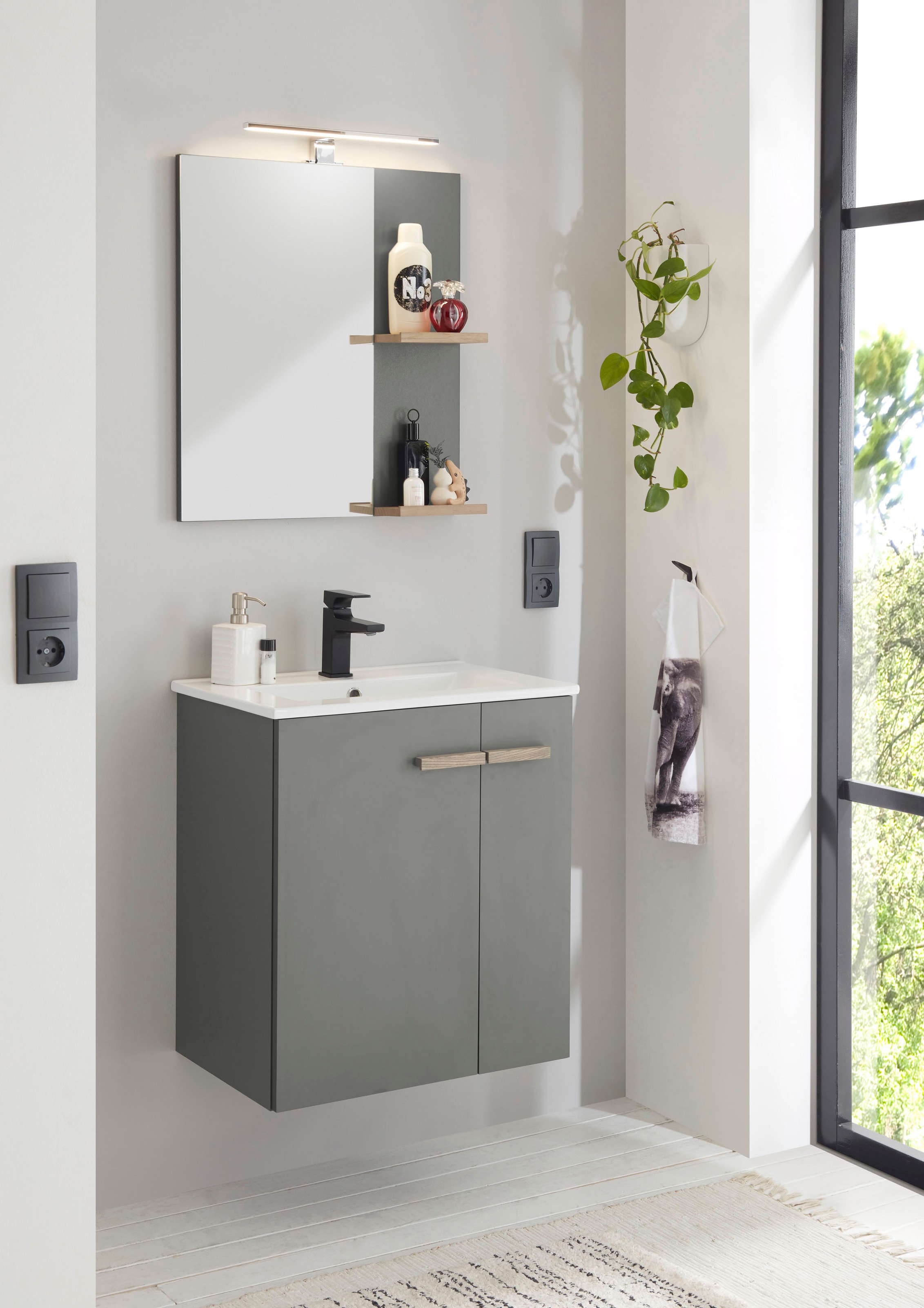 Places of Style Badmöbel-Set »SOLiD, Badmöbel-Set, Bad im modernen Design, 2-teiliges Badezimmer«, (2 St.), Waschtisch mit Waschbecken, Spiegel, Aufbauleuchte, Breite 60 cm