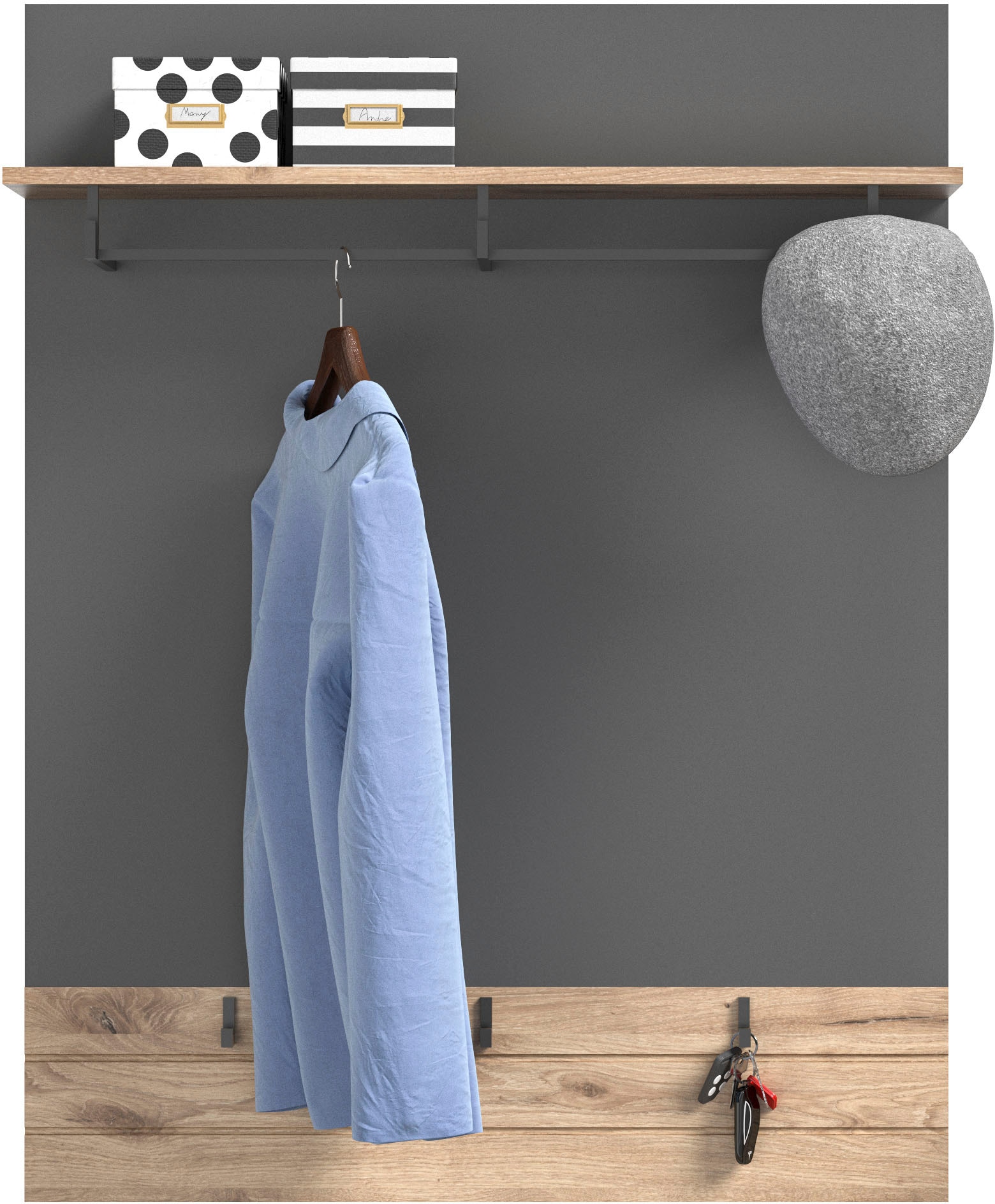 INOSIGN Garderoben-Set »Riga, Breite 280 cm, hochwertige Rillenfräsung, 5-teilig, best. aus:«, (Set, 5 St.), Garderobenschrank, Sitzbank, Paneel, Garderobenspiegel, Schuhkommode