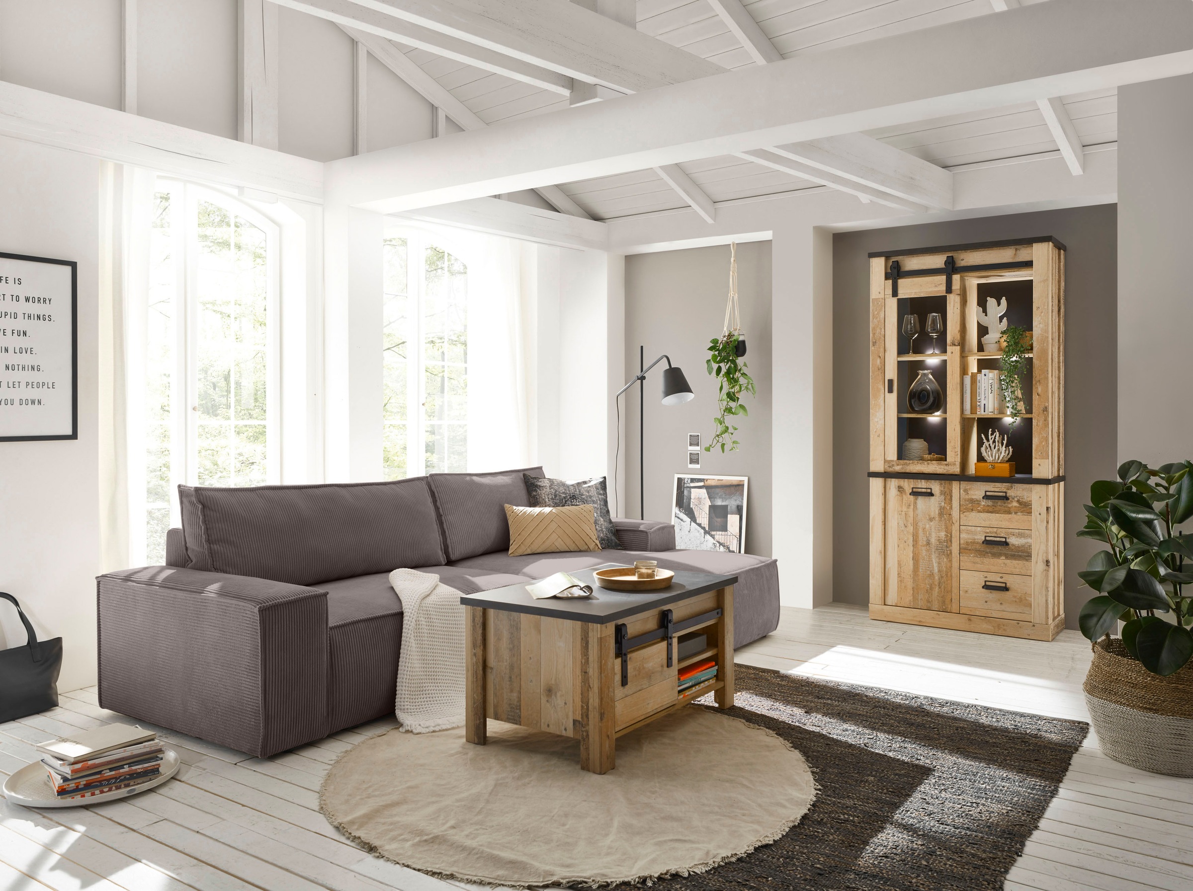 Home affaire Ecksofa »SHERWOOD Schlafsofa 267 cm, L-Form,«, Schlaffunktion mit Bettkasten (210x136 cm), Cord, Vintage, Samtvelours
