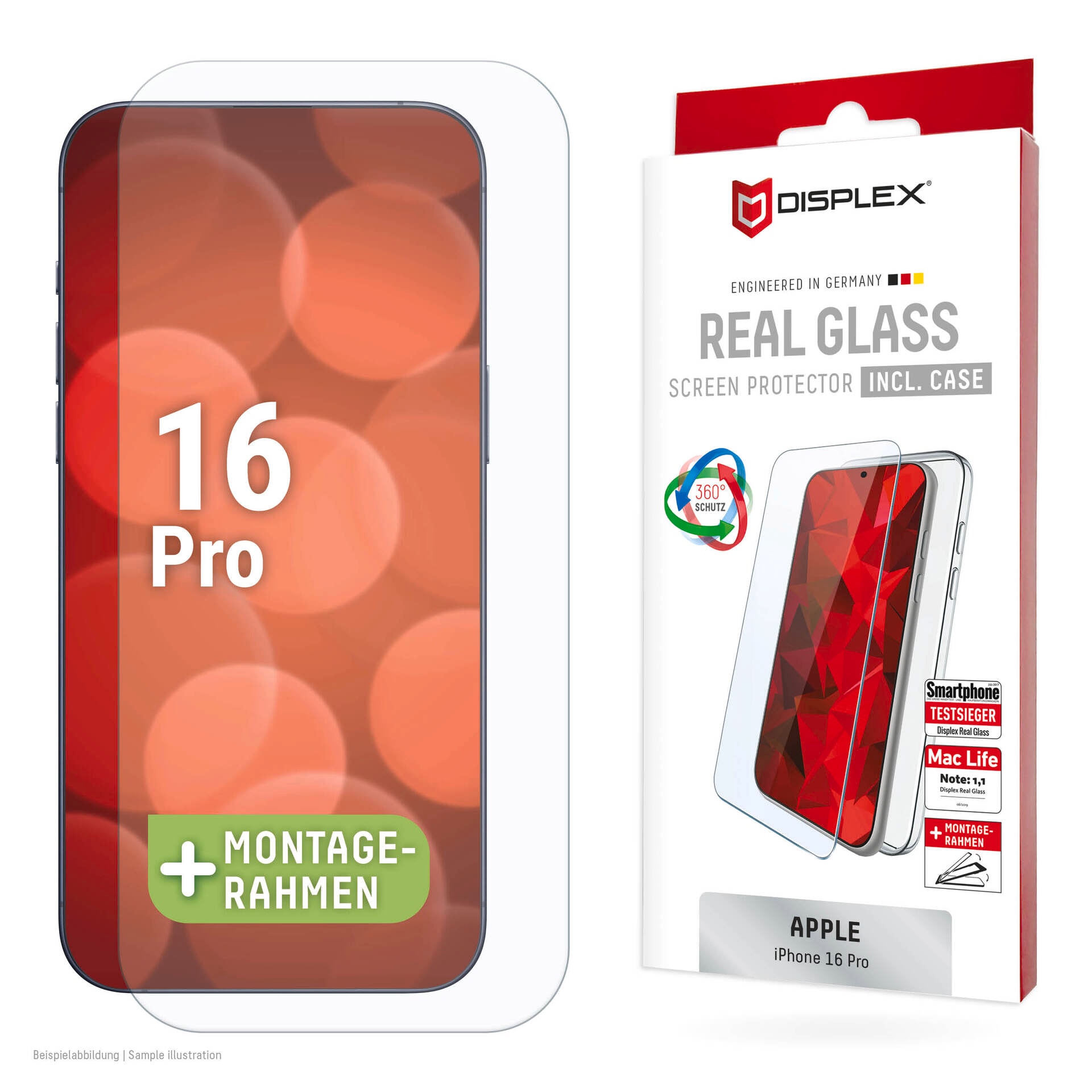 Displex Displayschutzglas »Real Glass Screen Protection + Case«, für Apple iPhone 16 Pro, Displayschutzfolie, Schutzfolie, Bildschirmschutz, kratz- & stoßfest