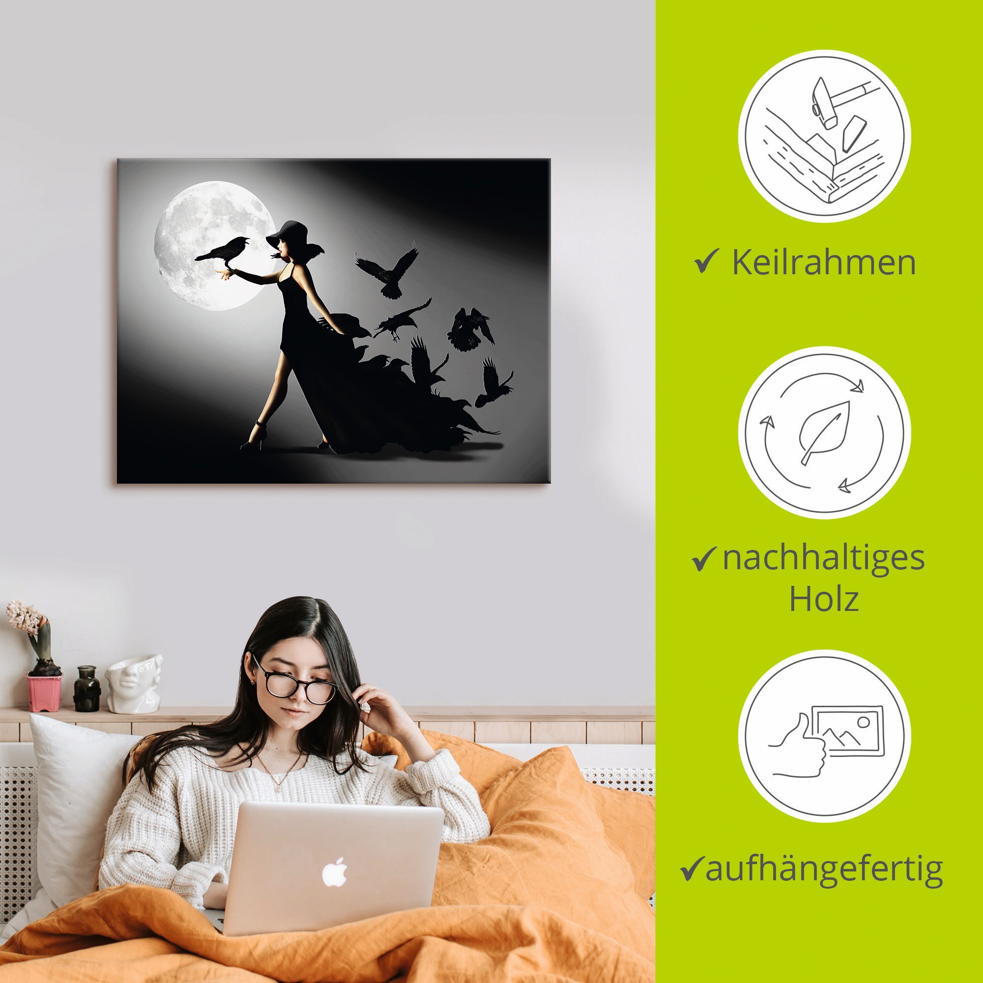 Artland Wandbild »Die Frau mit den Raben«, Animal Fantasy, (1 St.), als Alubild, Outdoorbild, Leinwandbild, Poster, Wandaufkleber