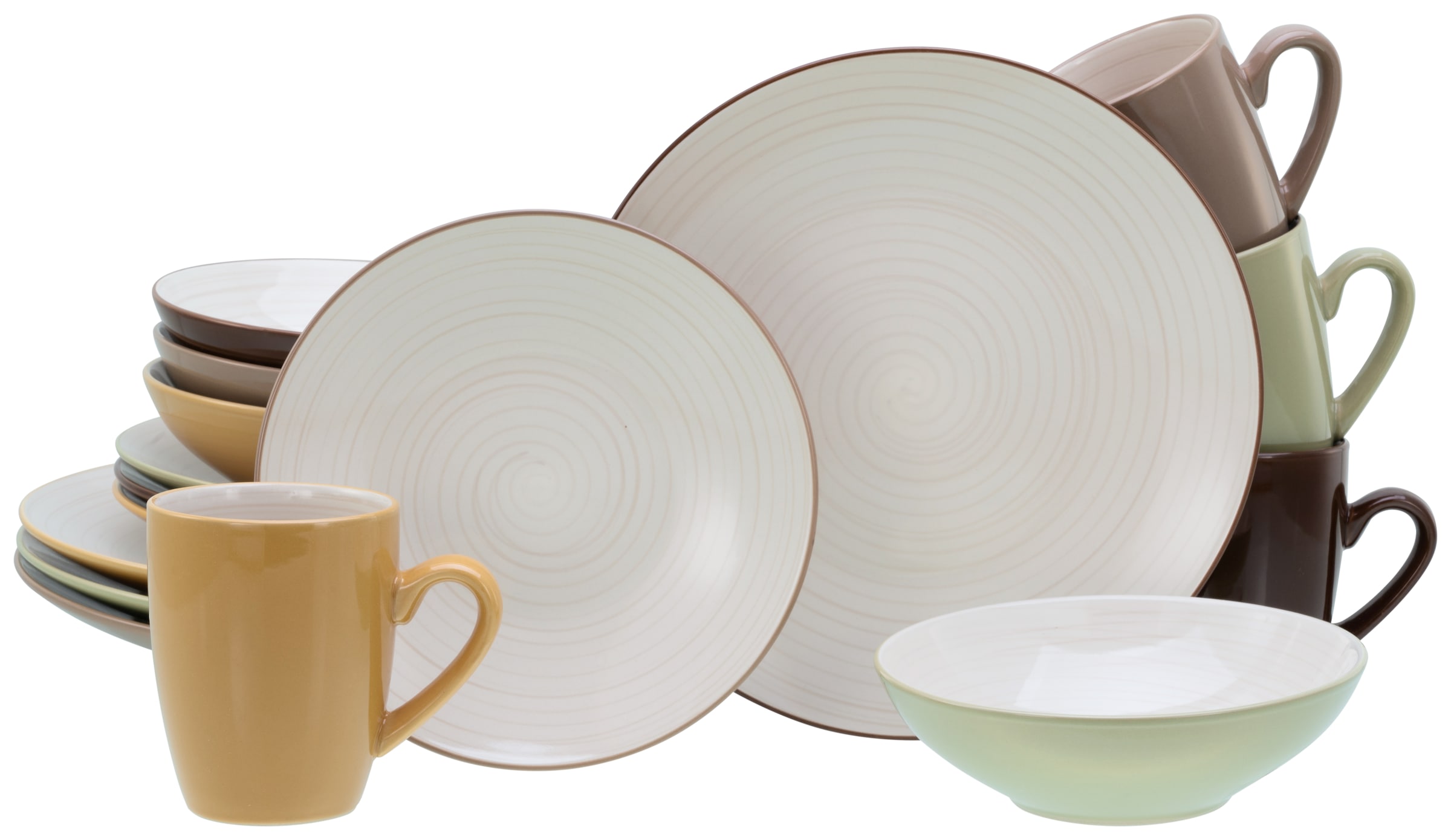 CreaTable Kombiservice »Geschirr-Set Bamboo Garden«, (Set, 16 tlg., Kaffeeservice und Tafelservice im Set, für 4 Personen), Service, handemalte Spiralen in hellem Holzton 16 Teile für 4 Personen
