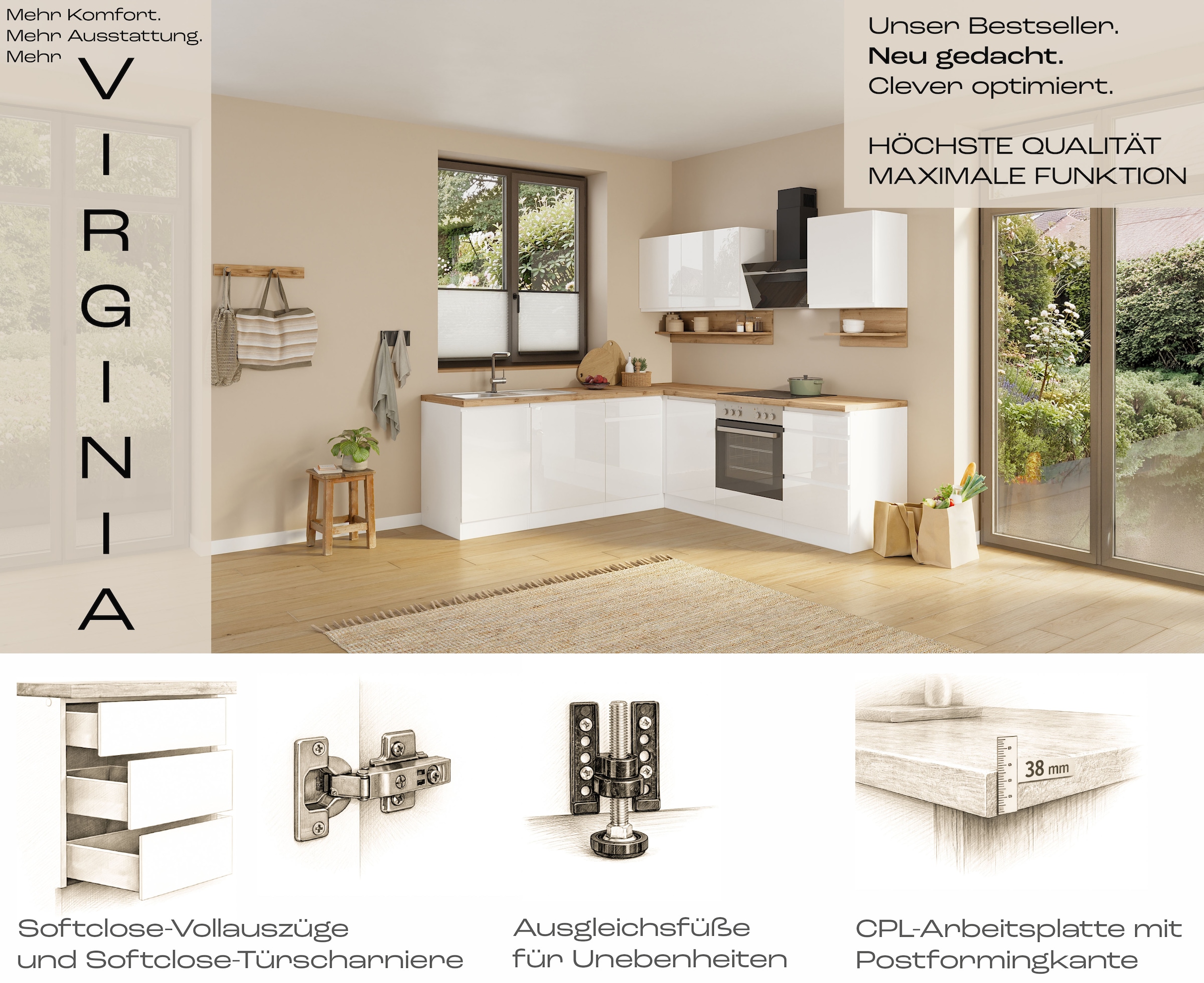 KOCHSTATION Winkelküche »KS-Virginia,neu in verbesserter Ausführung« Arbeitsplatte 38 mm stark, Stauraum, Softclose,  Stellbreite 290/180 cm, Soft-Close, ohne E-Geräte