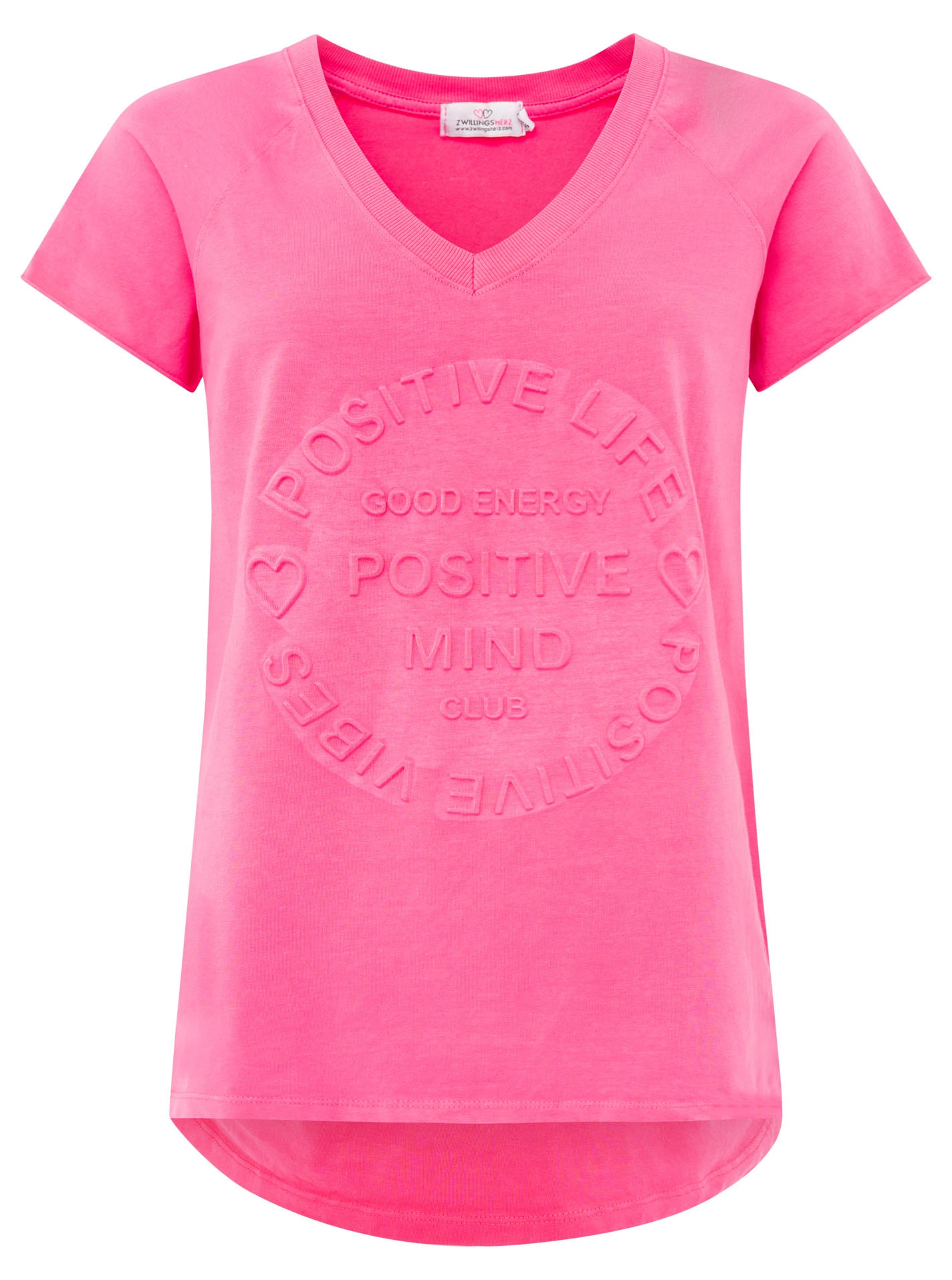 Zwillingsherz Kurzarmshirt »"Positive Mind"«, V-Ausschnitt, Kurzarm, hinten etwas länger, Baumwollmischung