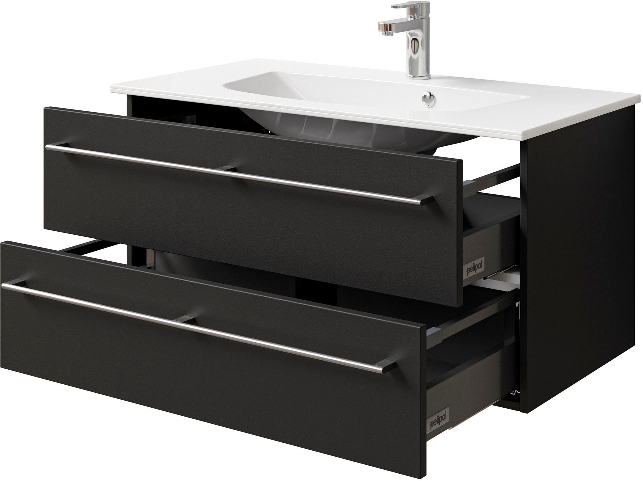 Saphir Badmöbel-Set »Serie 6025 2-teilig Mineralmarmor-Waschtisch mit LED-Spiegelschrank«, (2 St.), Waschplatz 97 cm breit, 2 Schubladen, 3 Spiegel-Türen, inkl Türdämpfer