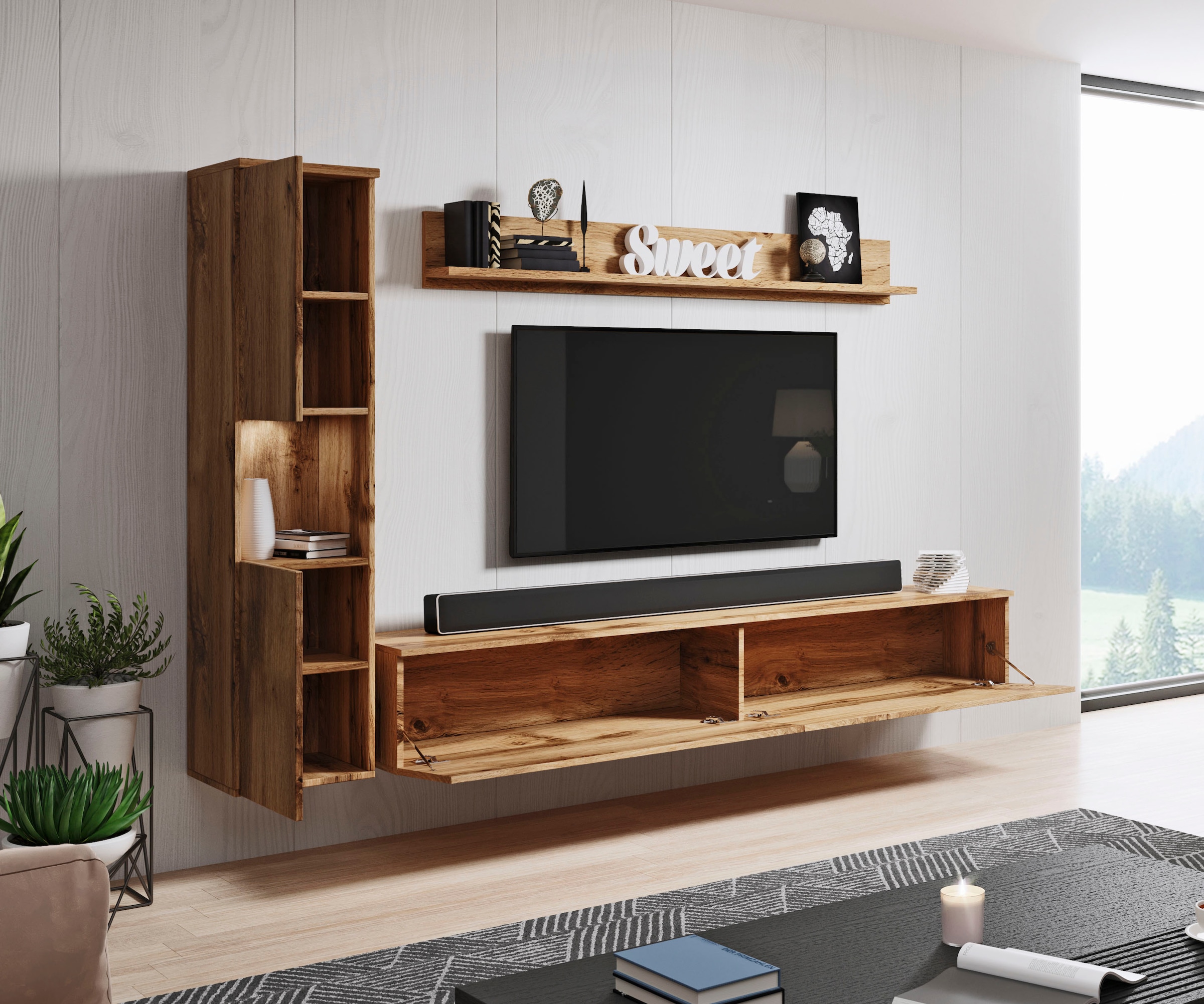 INOSIGN Wohnwand »PARIS«, (Komplett-Set, 3 St.), TV-Wand 220cm breite, grifflose Design, stehend und hängend montierbar