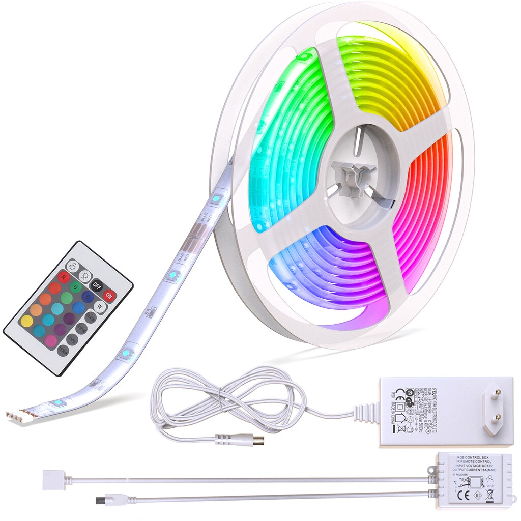 B.K.Licht LED Stripe, RGB-LED Flexband 5 Meter, inkl. 150 x RGB-LED je 0,16 Watt,´Gesamtwatt 24 Watt, inkl. Fernbedienung, Farbwechsler, selbstklebend, für den Innenbereich