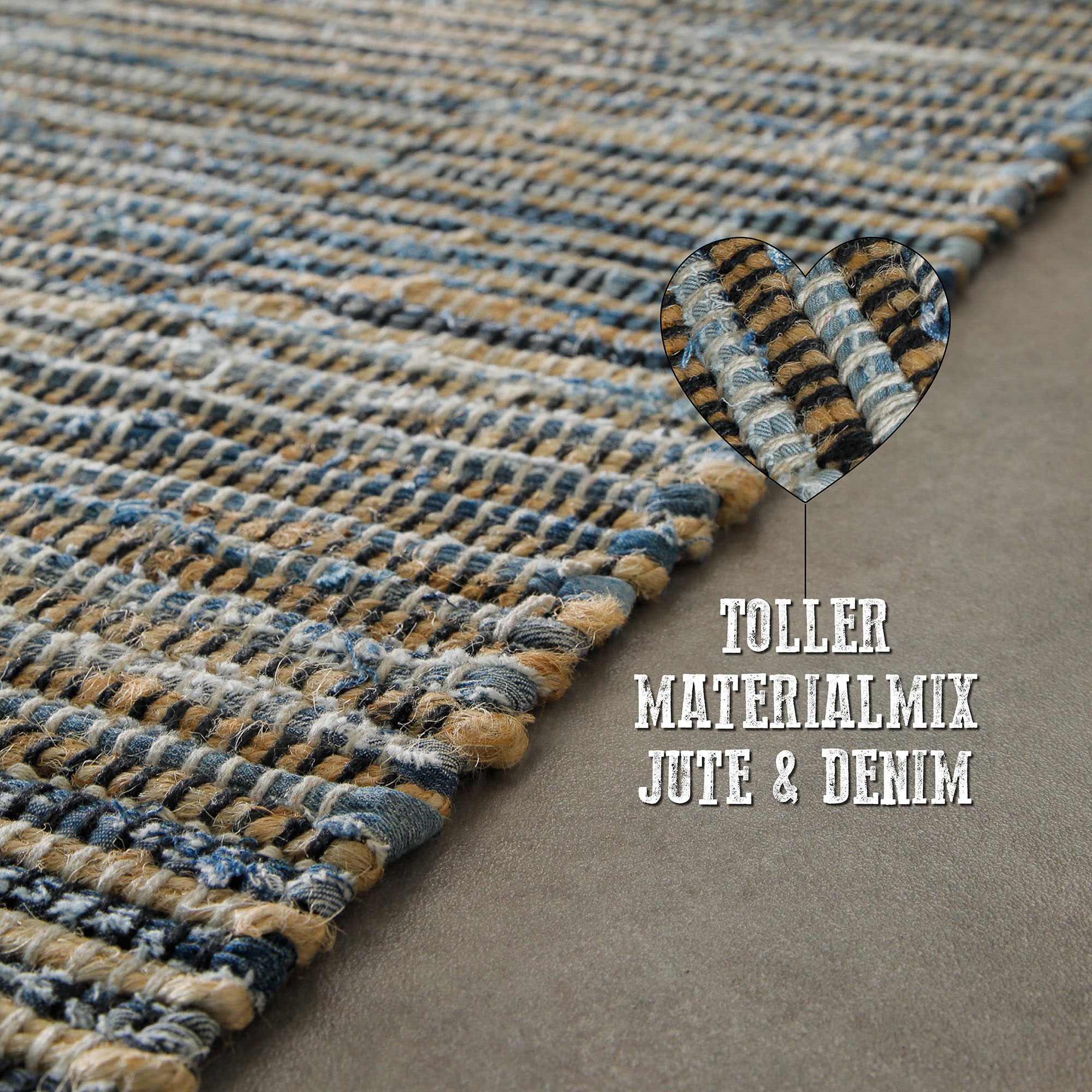 Wecon home Teppich »Denim Blues«, rechteckig, 6 mm Höhe, handgewebt, robust, pflegeleicht, skandi, Natur, Jute, Wohnzimmer