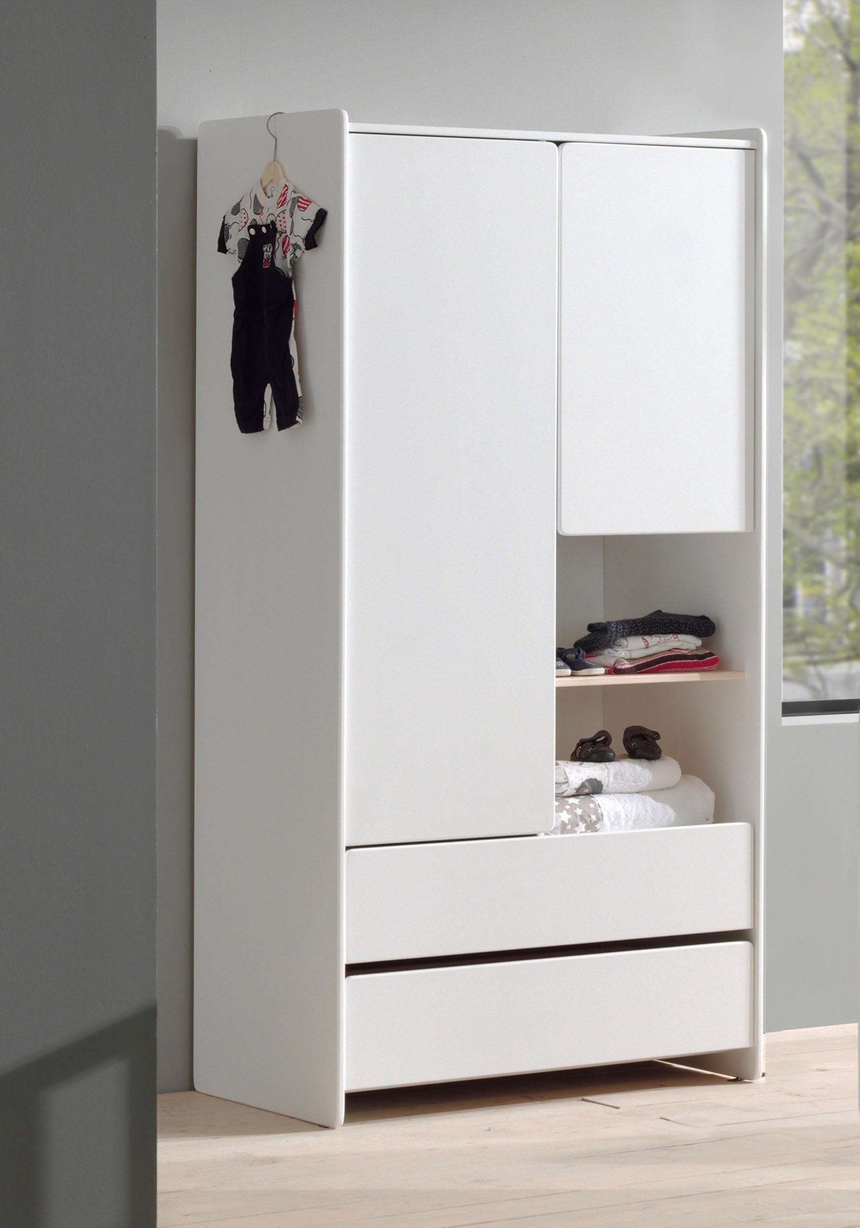 Vipack Kleiderschrank »Kiddy, Mit Funktioneller Einteilung Und 2 Schubladen, Stabil Gebaut« H/T Ca. 180x55cm, Mdf Weiß Lackiert, Fachboden Kiefer,