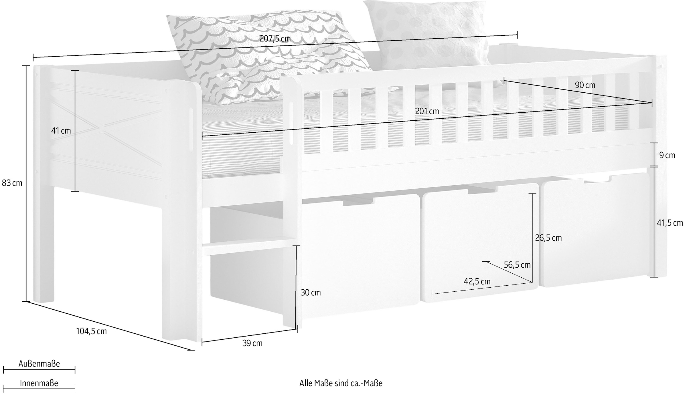 Vipack Spielbett »Scott mit niedriger Einstiegshöhe, inkl. Leiter und Rolllattenrost«, in Kiefer massiv, weiß 90x200 cm, wahlweise ohne und mit Rollboxen