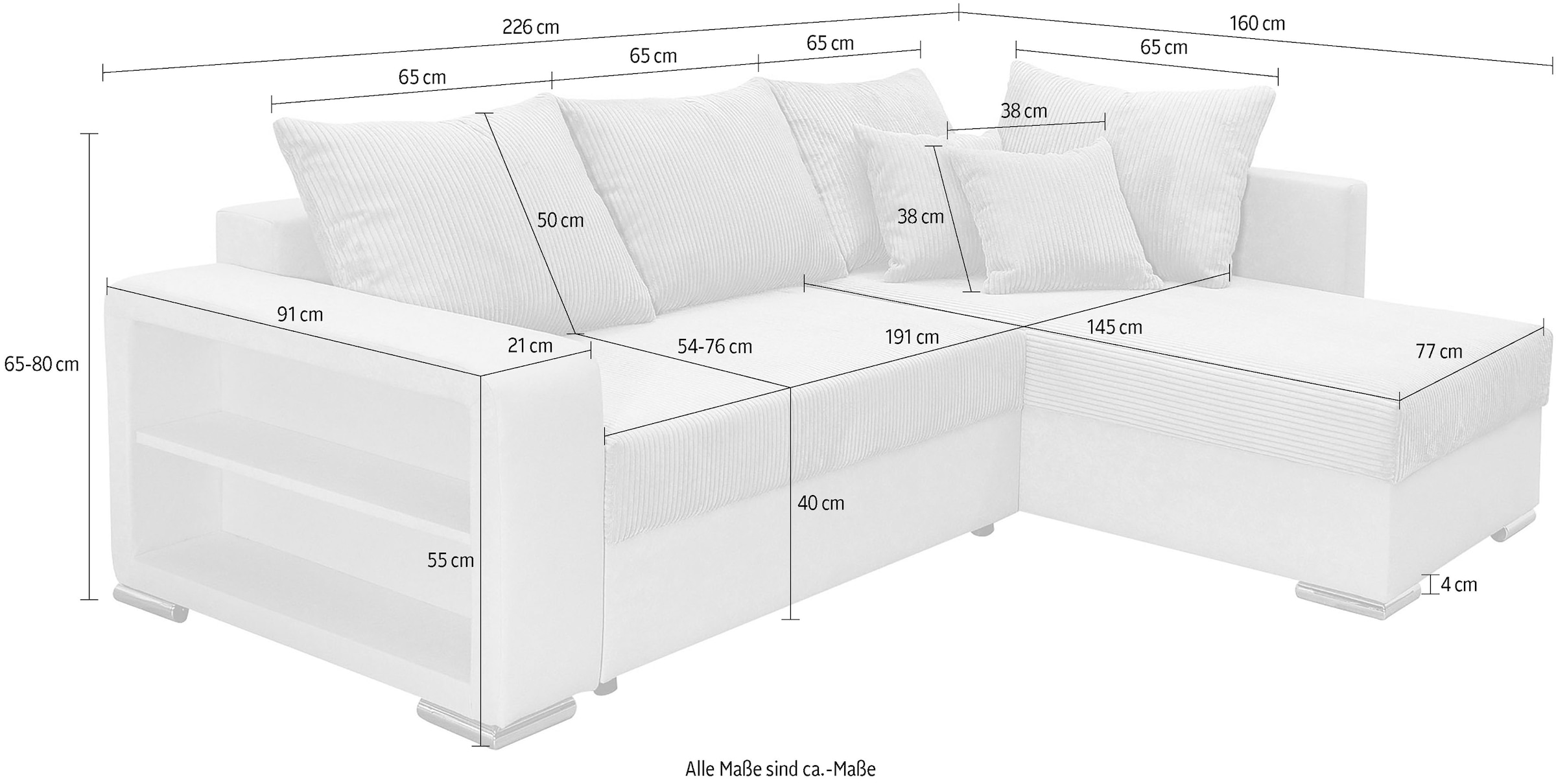 COLLECTION AB Ecksofa »John L-Form«, Regalarmlehne,Bettfunktion,Bettkasten,Ottomane beiseitig montierbar