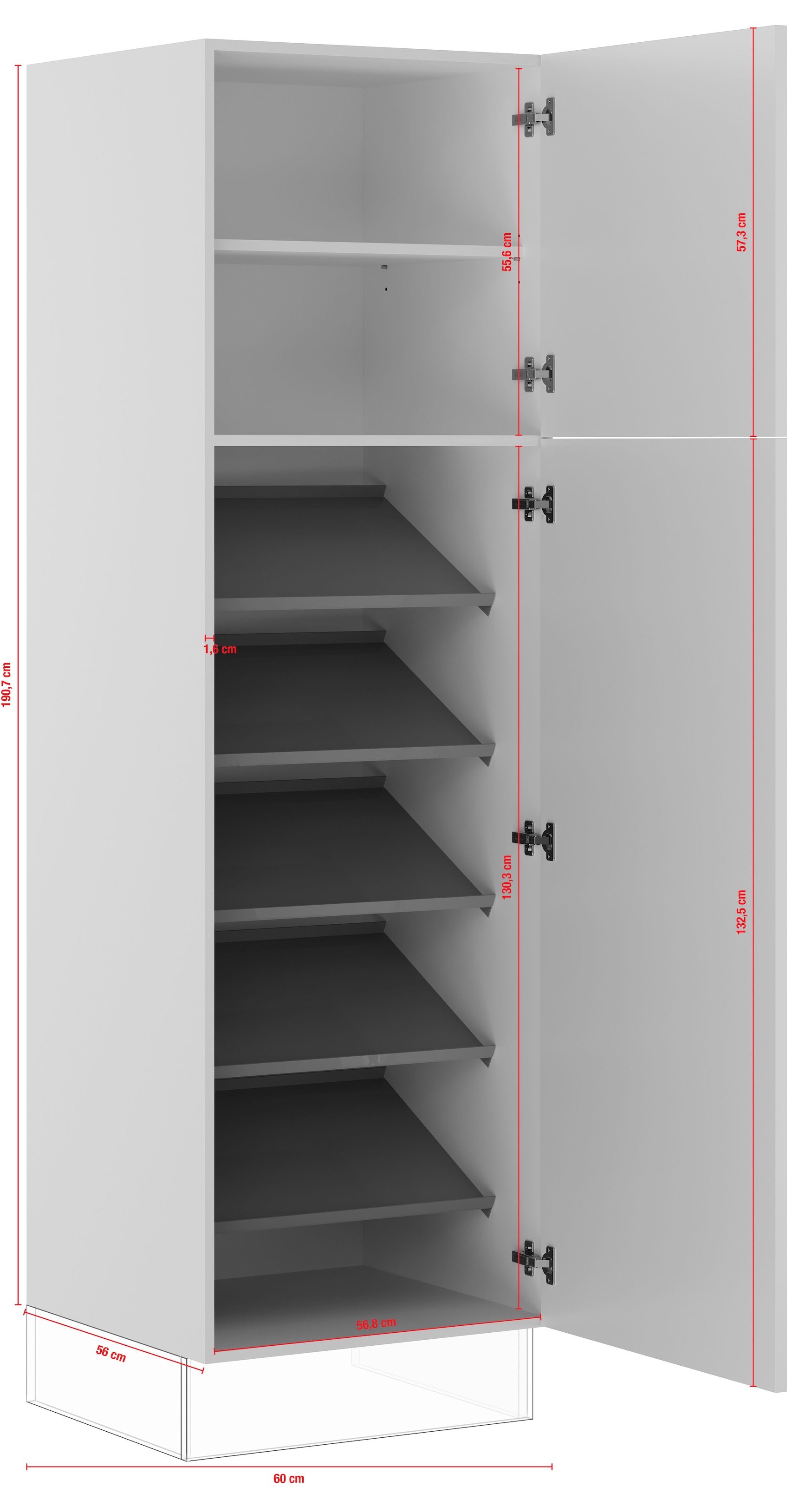 IMPULS KÜCHEN Schuhschrank »"Turin", Breite/Höhe: 60/190,7 cm, mit Schuhablagen«, vormontiert, mit Drehtüren, mit verstellbarem Fachboden