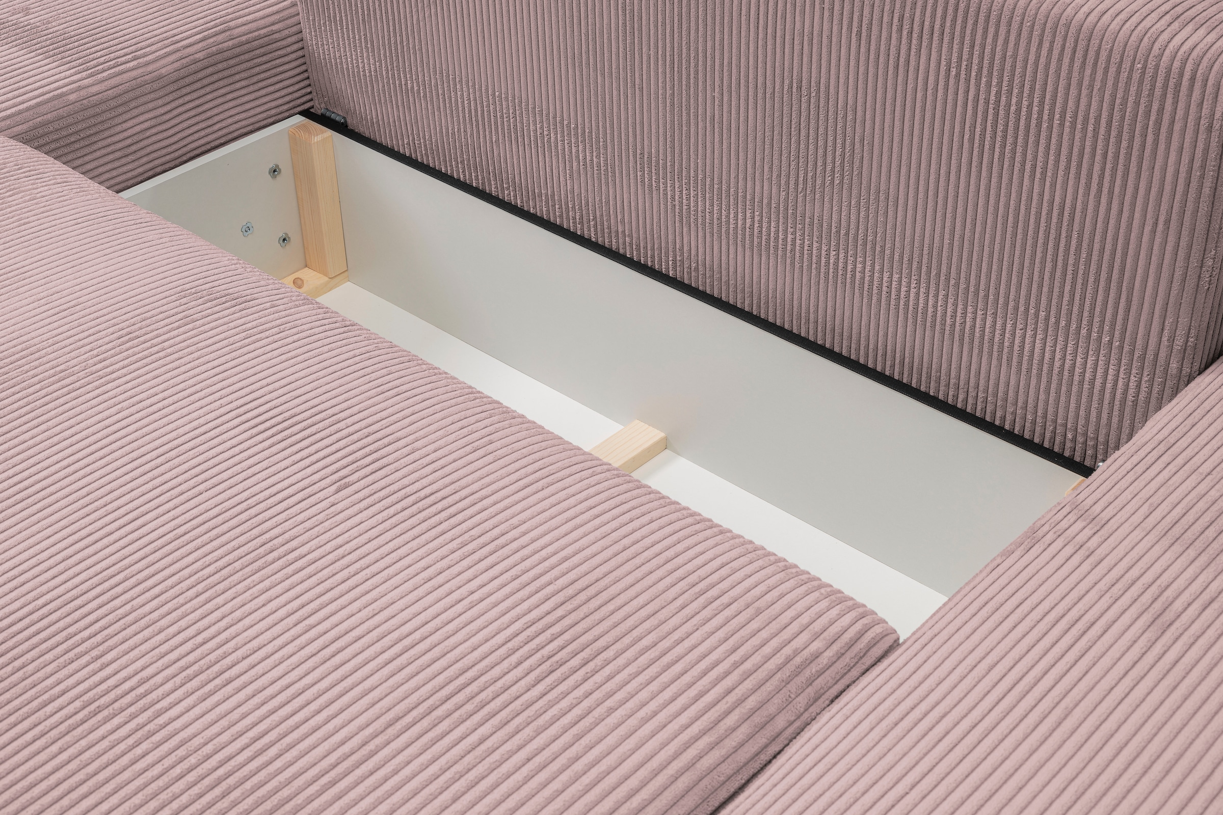 WERK2 Wohnlandschaft »Rotterdam-U, U-Form, in kuschelweichem Cord oder Breitcord«, Design Sofa mit Schlaffunktion & Bettkasten, Cord, Rose