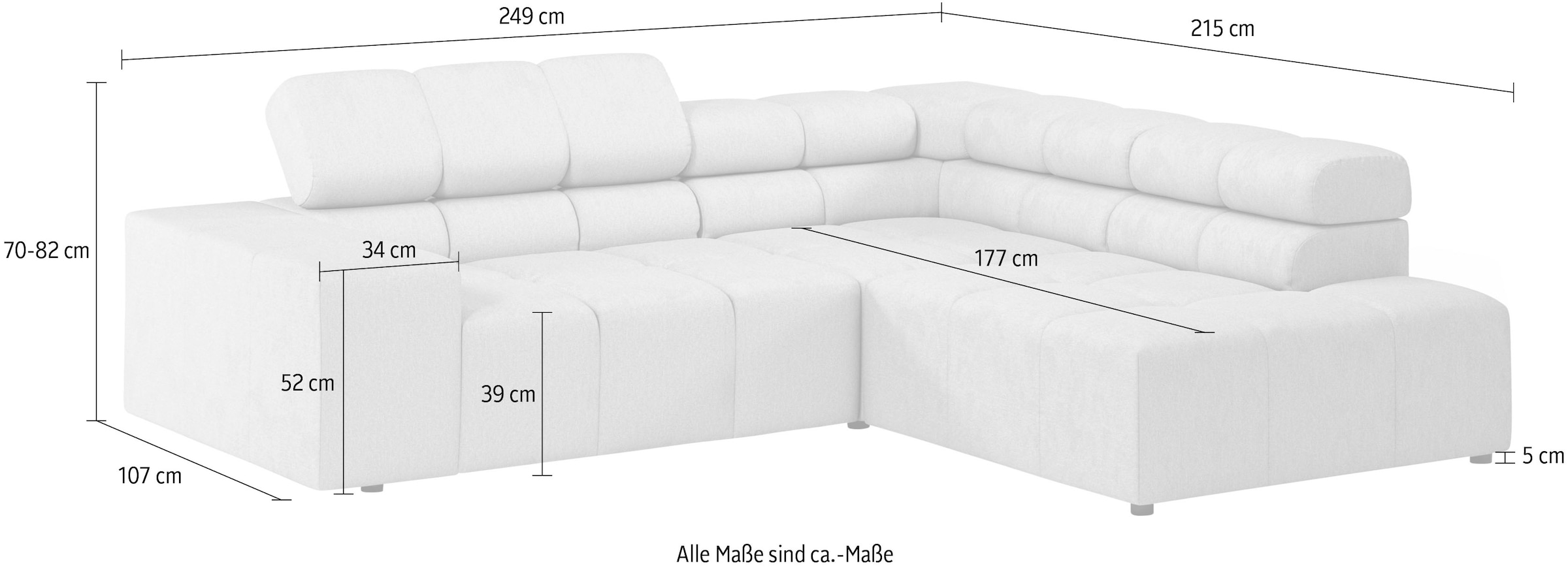 INOSIGN Ecksofa »Ancona, incl. Kopfteilverstellung + 3 Zierkissen, L-Form, bequem«, wahlweise motorische Sitztiefenverstellung, B/T(H: 249/215/70 cm