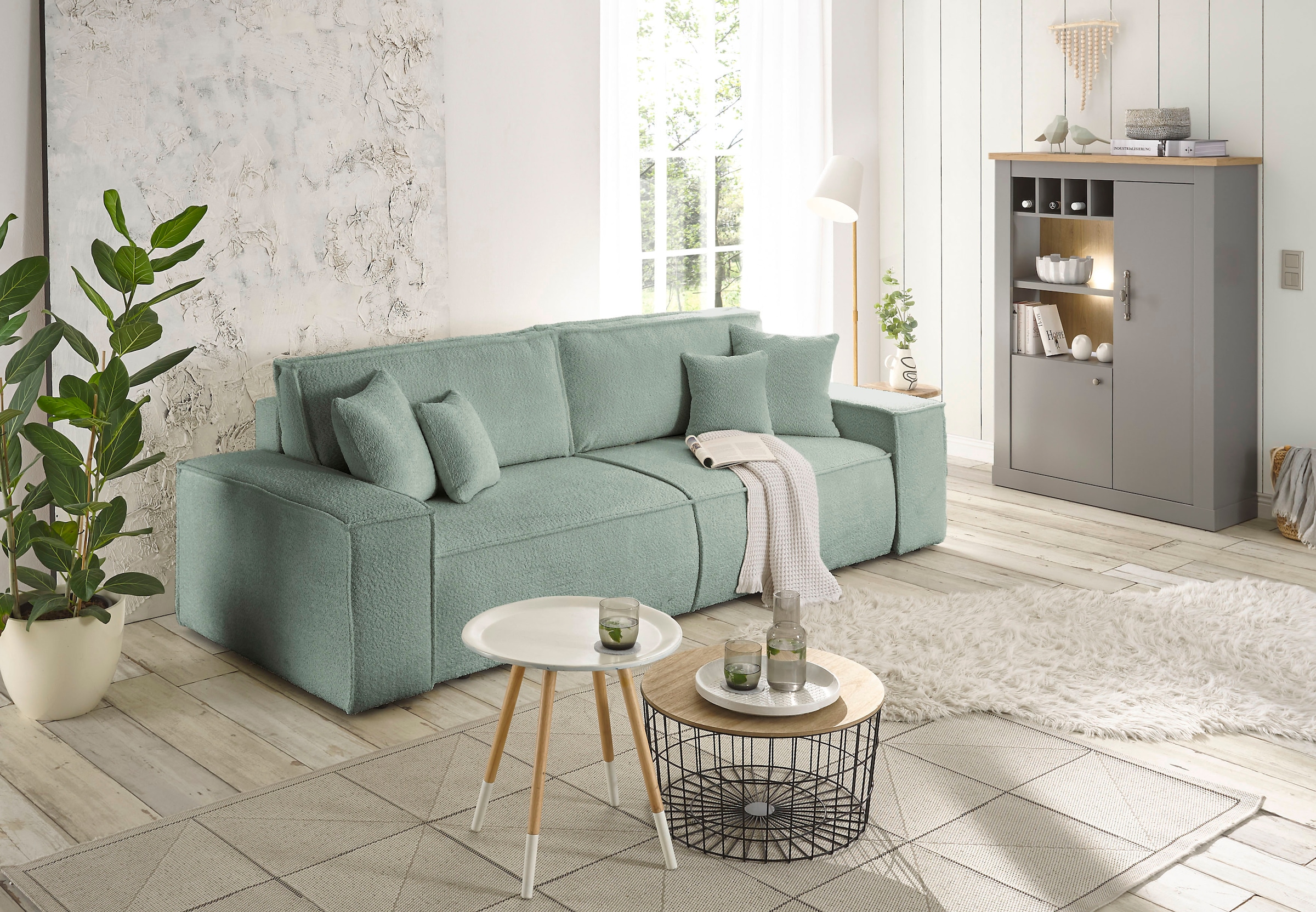 andas 3-Sitzer »FINNLEY Schlafsofa 257 cm, Schlaffunktion mit Bettkasten (200/136cm)«, in Aqua Clean-Bouclé, Struktur fein u. Cord
