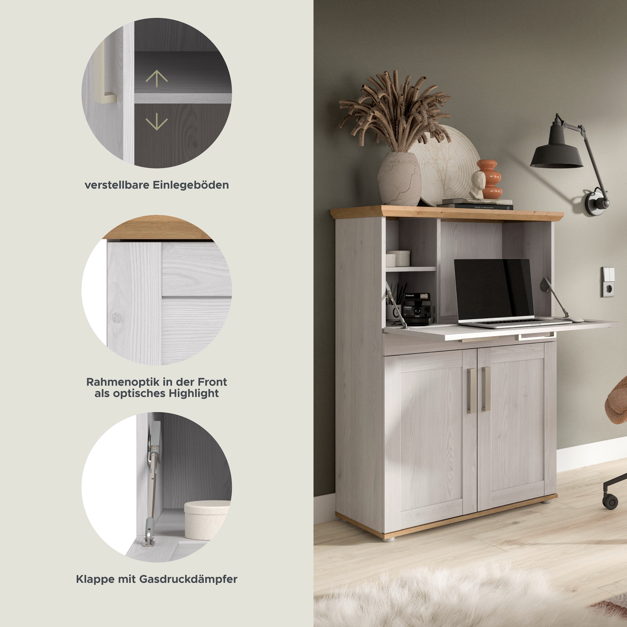 Home affaire Sekretär »COSENZA, Höhe 122 cm, 2 Türen, 1 Klappe, 1 Schubkasten, 5 Fächer« in Landhausoptik, mit weiteren Artikel der Serie kombinierbar,  Schreibtisch, Home-Office, Kommode, Schrank, Midischrank