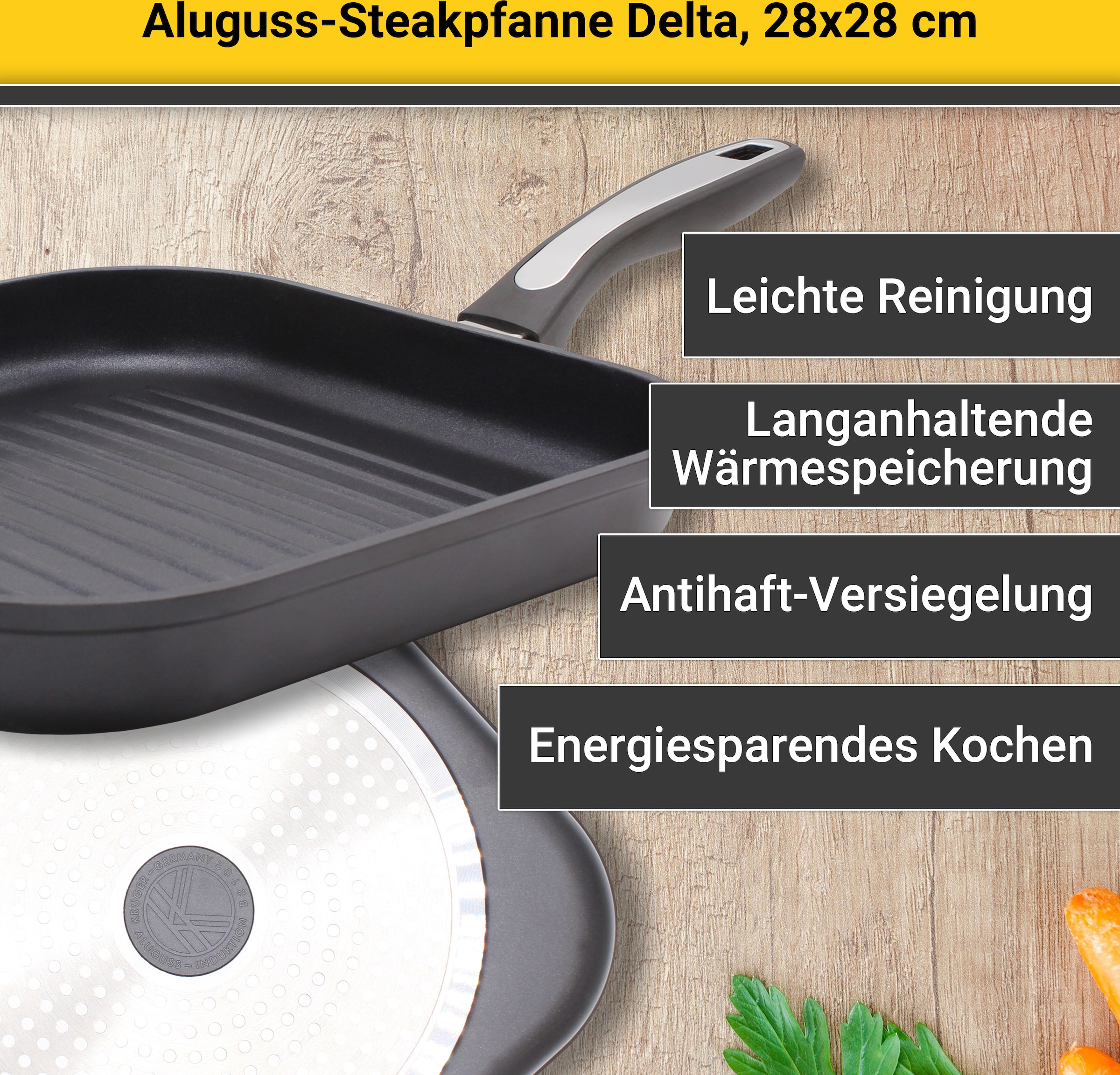 Krüger Steakpfanne »Aluguss Grill-Steakpfanne DELTA, 28 x 28 cm«, Aluminiumguss, (1 tlg.), für Induktions-Kochfelder geeignet