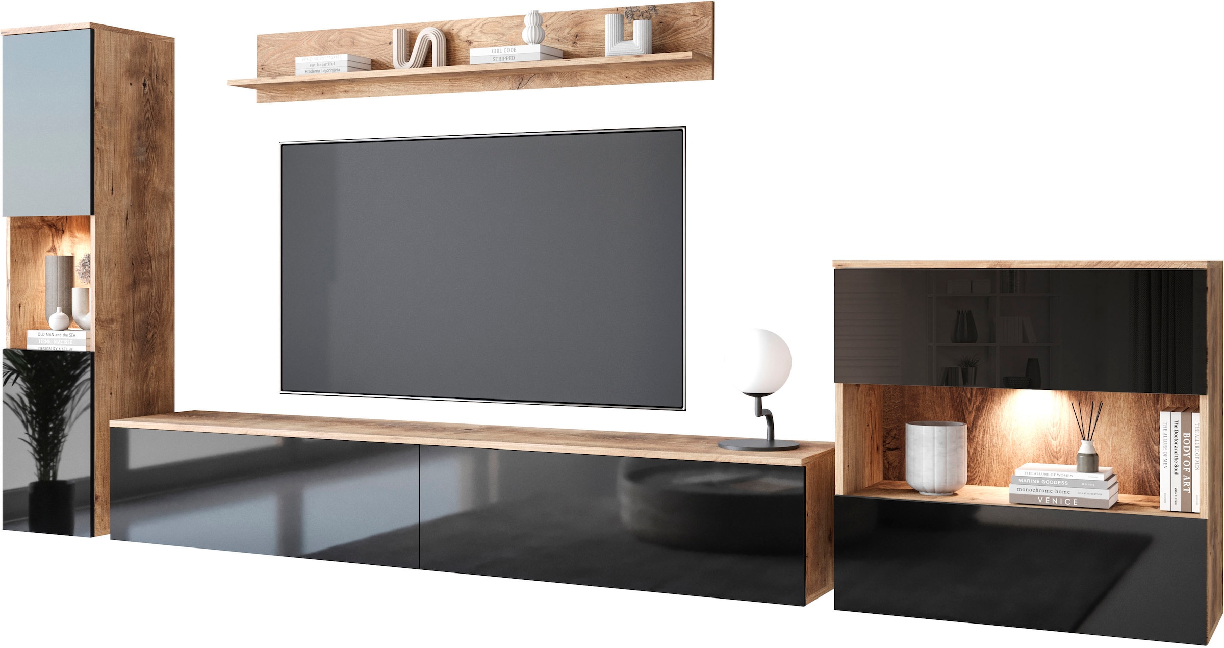 INOSIGN Wohnwand »PARIS«, (Komplett-Set, 4 St.), TV-Wand 300cm breite, grifflose Design, stehend und hängend montierbar