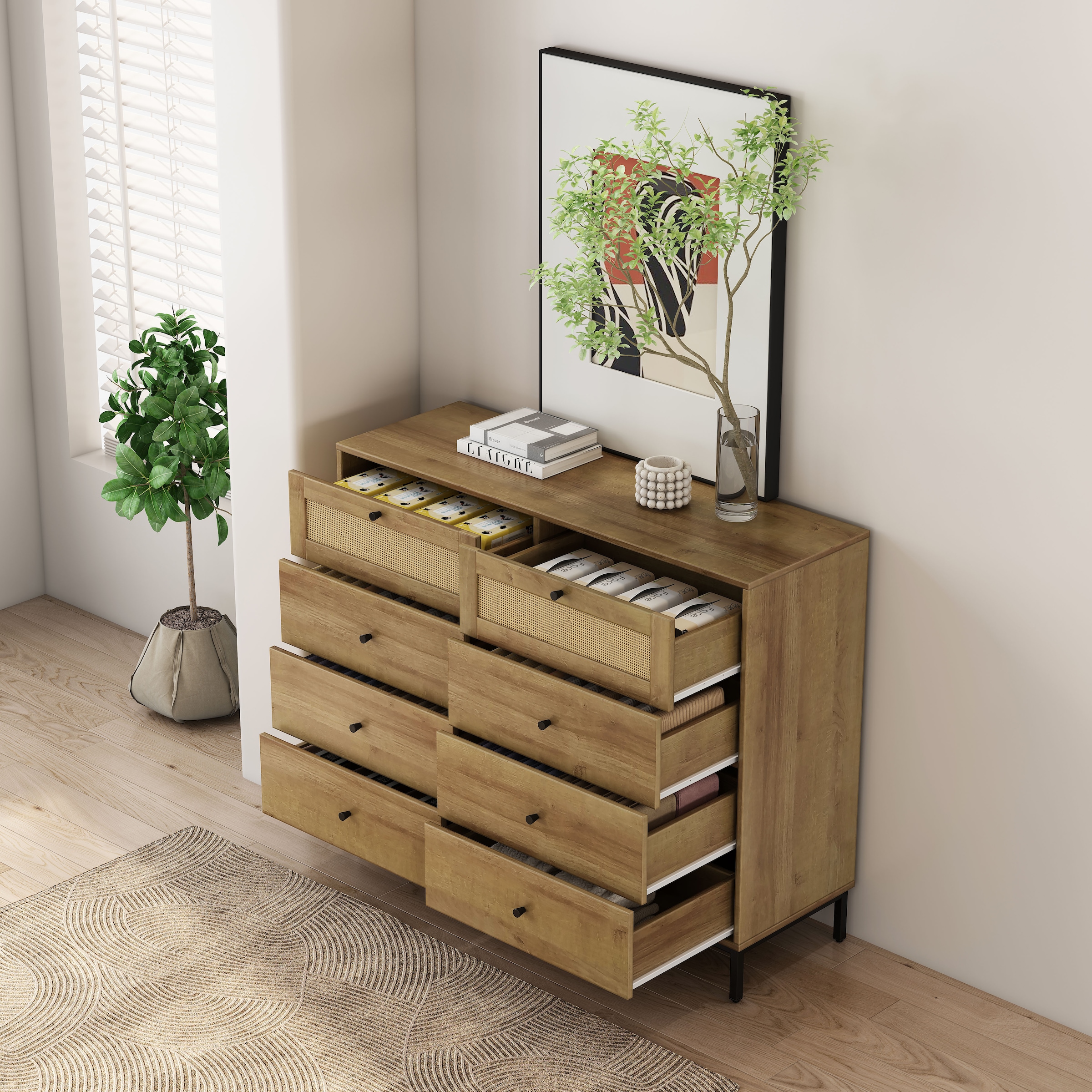 OTTO home Kombikommode »Motala Wäsche Schrank mit 8 Schubladen Sideboard BOHO Design« Eichen-Design mit schwarzen Griffen und Geflecht Schubladen, 
