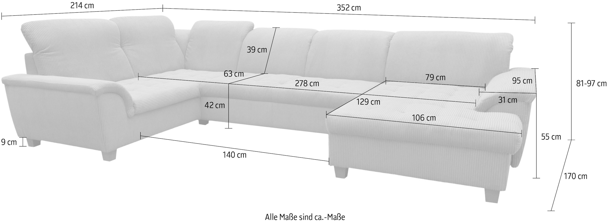 OTTO home Wohnlandschaft »Eggery 352 x 214 cm, auch mit Schlaffunktion & Bettkasten, Holzfüße« Kopfteile verstellbar, U-Form, aus pflegeleichtem Luxus-Microfaser